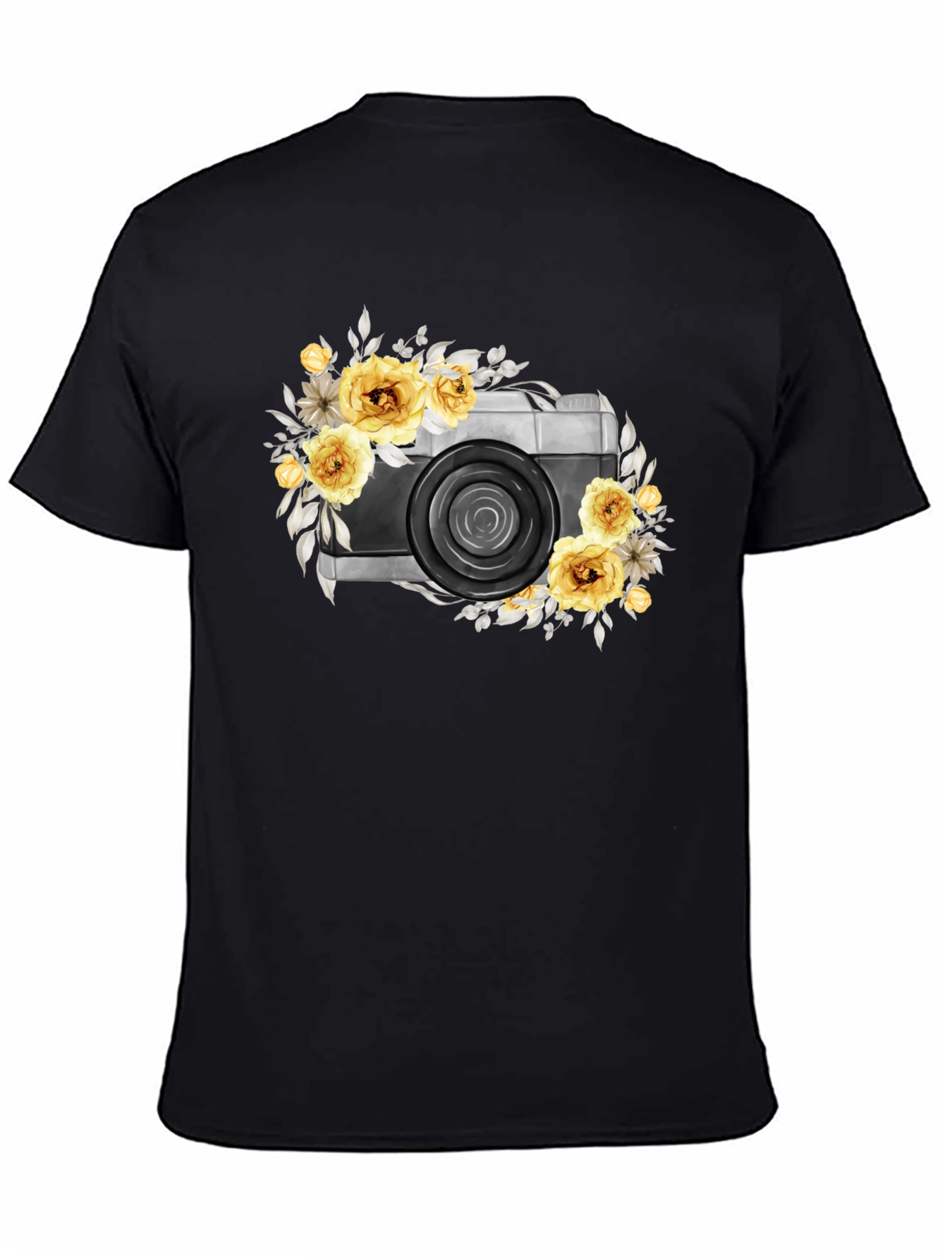 Black Floral Camera Graphic T-Shirt - Black Cotton Tee view 4