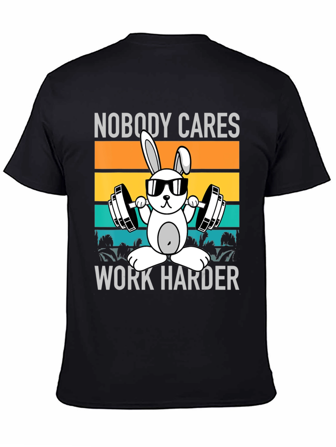 Black Funny Workout Bunny T-Shirt - Nobody Cares, Work Harder view 4