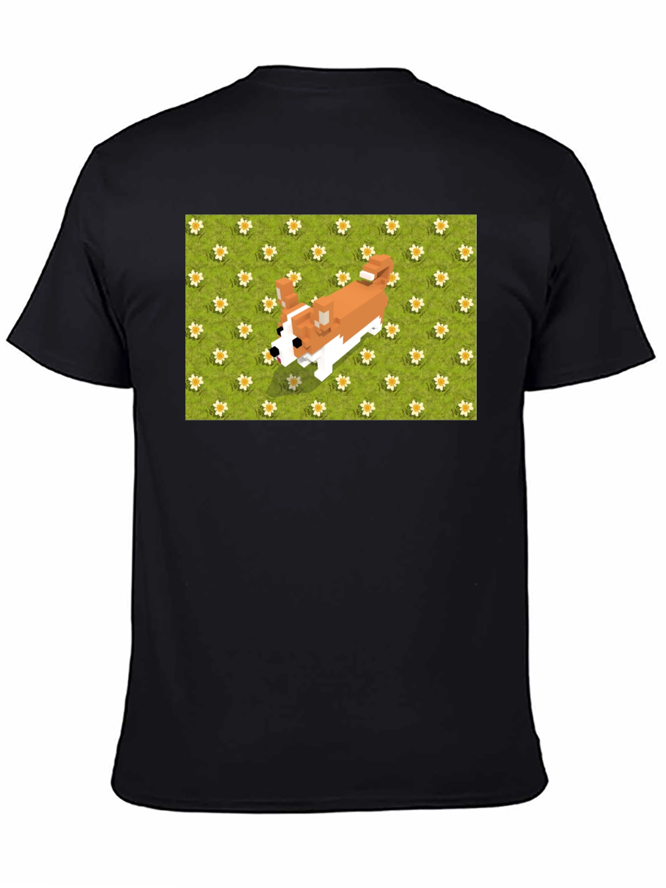 Black Pixel Dog T-Shirt - Corgi on Flowers view 4