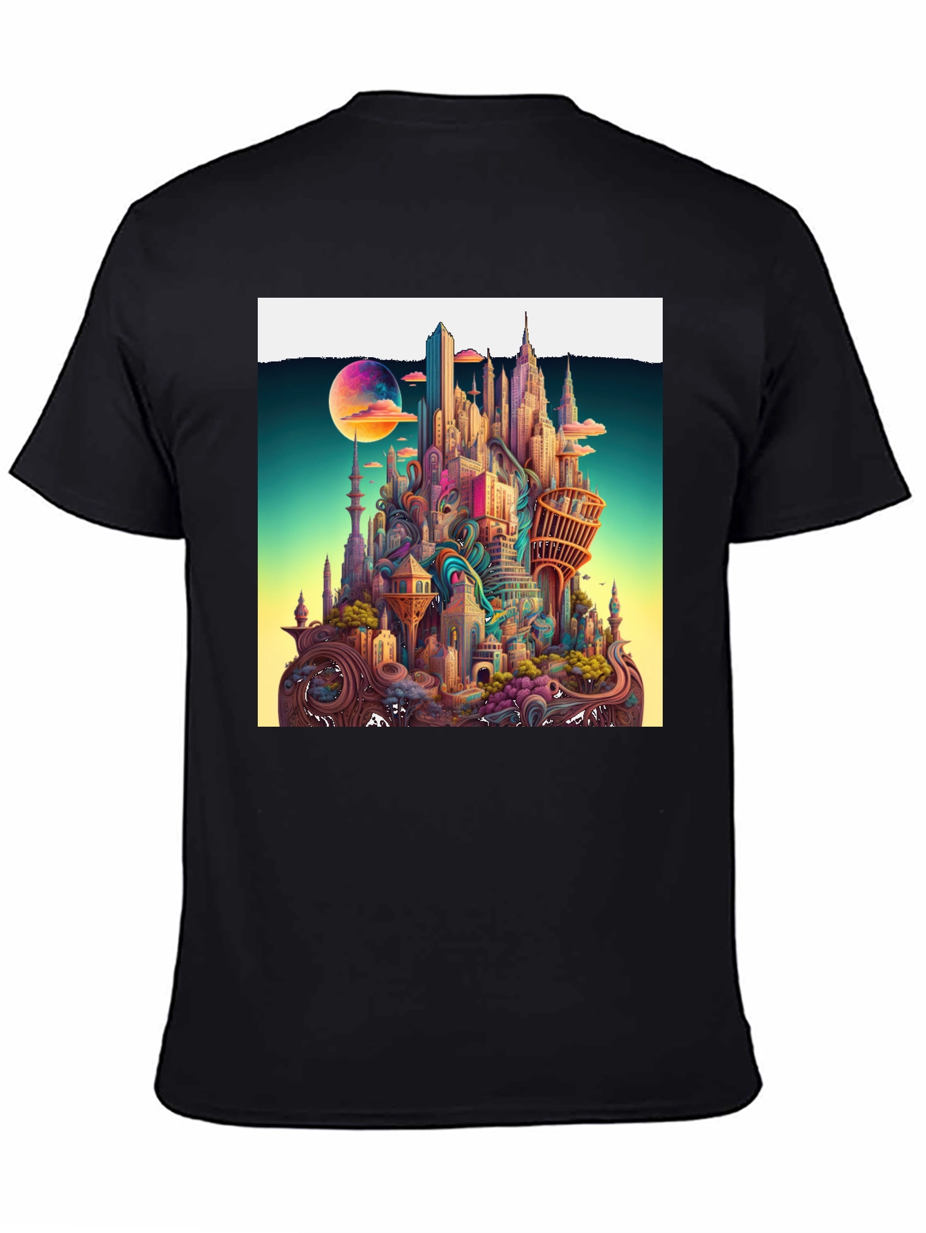 Black Whimsical Cityscape Graphic Tee - Unique Urban Fantasy Design view 4