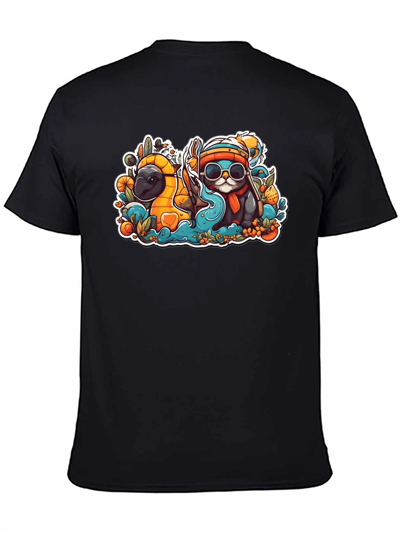 Black Cool Cartoon Otter and Platypus Black T-Shirt view 4