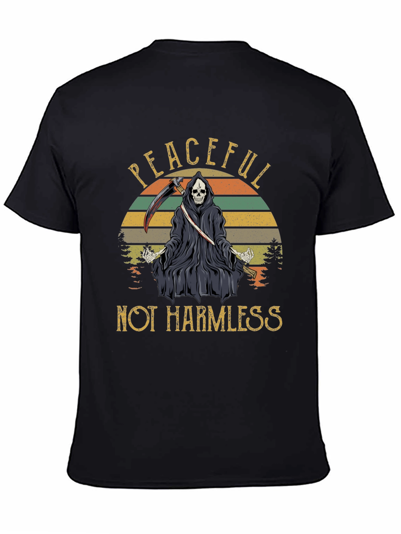 Black Peaceful Not Harmless Grim Reaper Graphic T-Shirt view 4