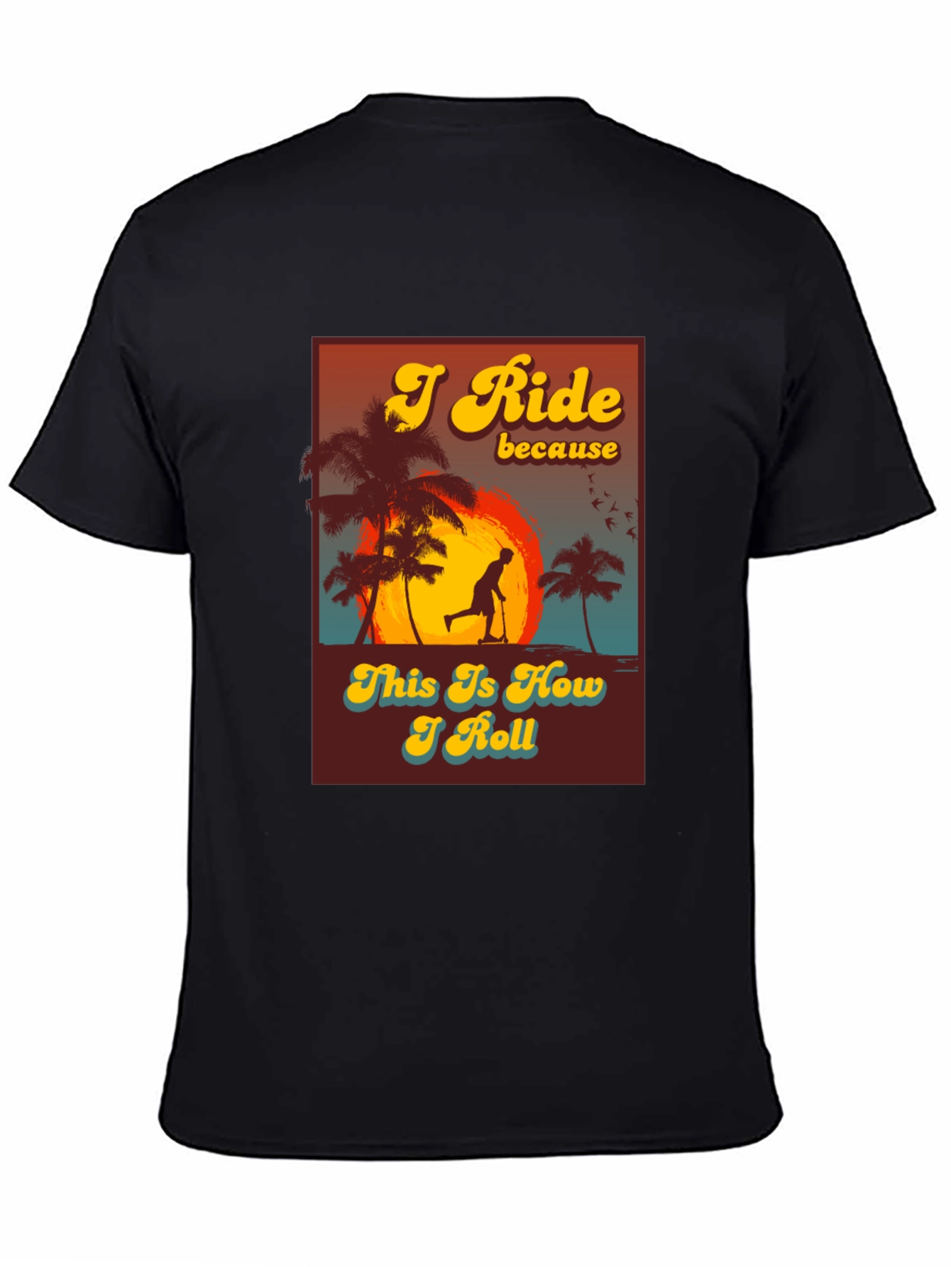 Black I Ride Scooter Tee - Retro Sunset Design view 4