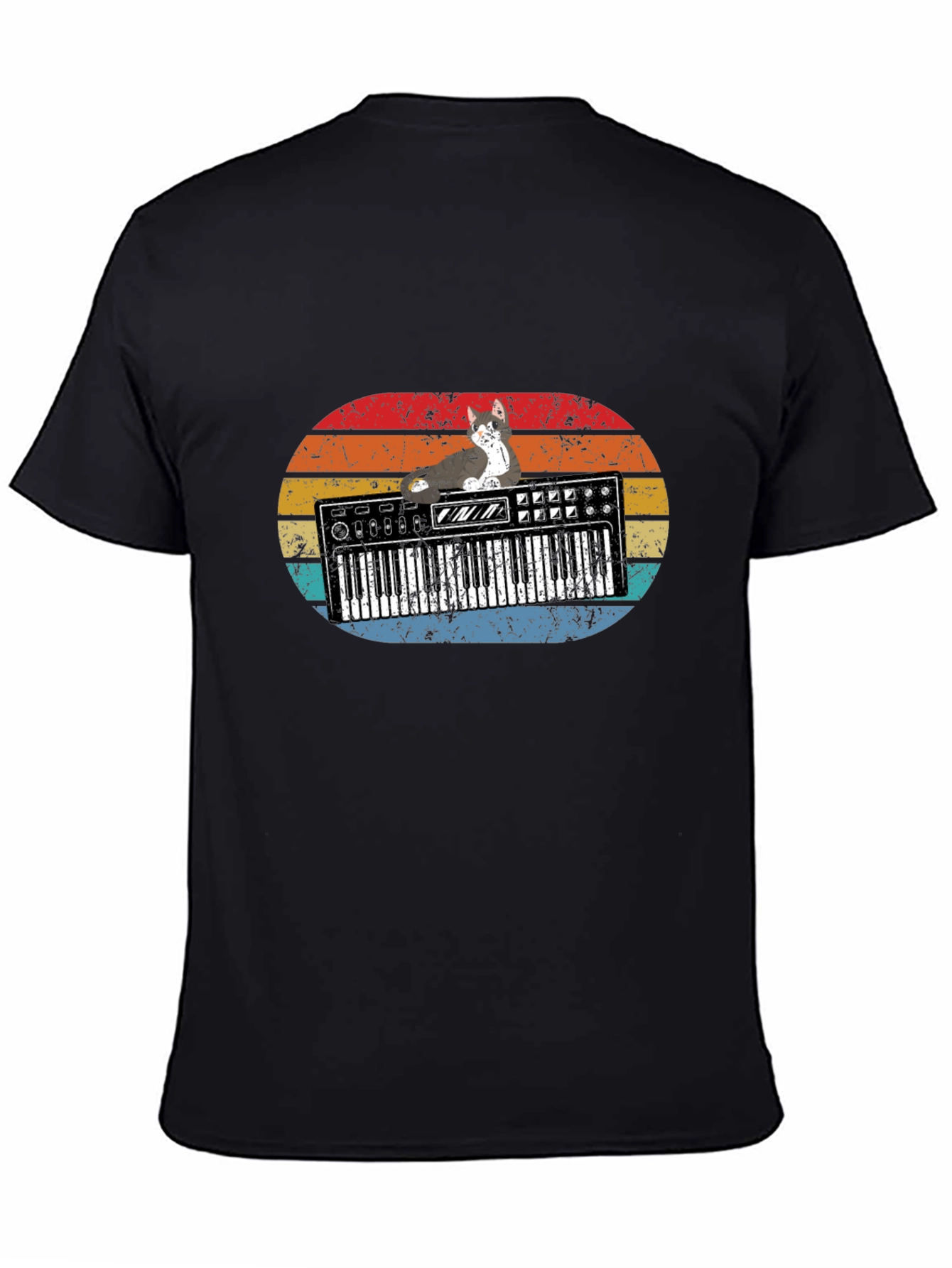 Black Retro Cat Keyboardist T-Shirt view 4