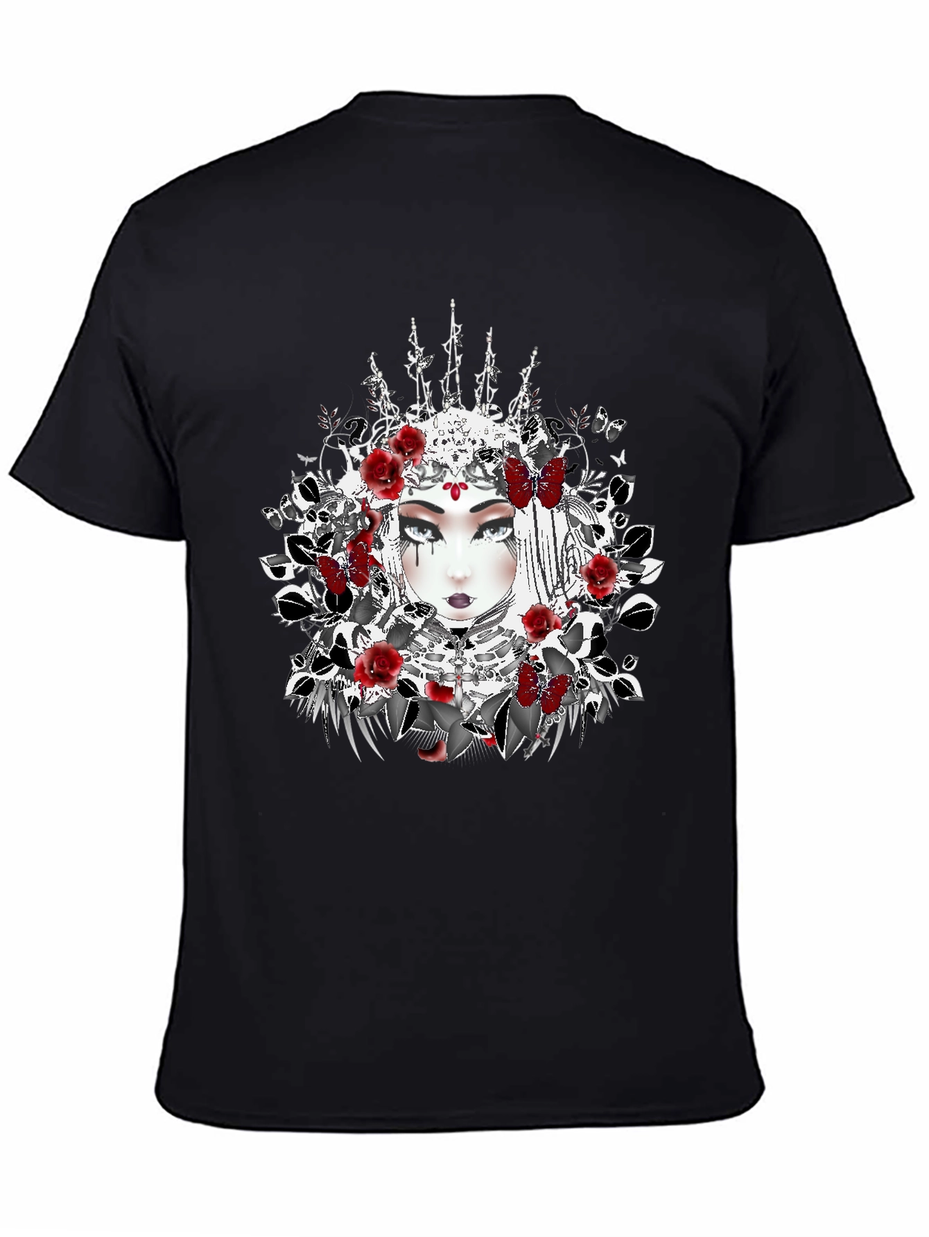 Black Gothic Queen T-Shirt - Floral Crown Design view 4