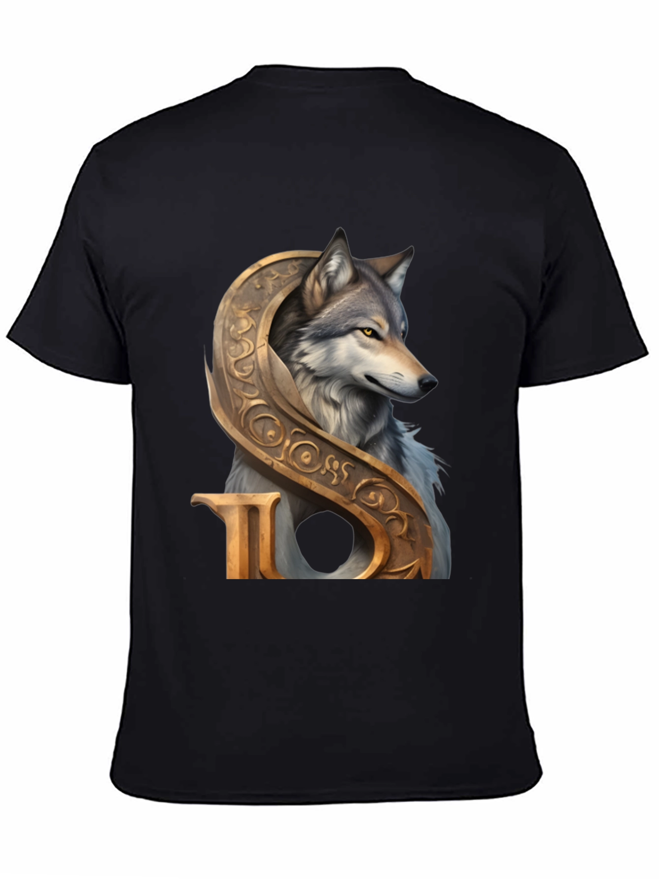Black Wolf and Ornamental Letter T-Shirt view 4