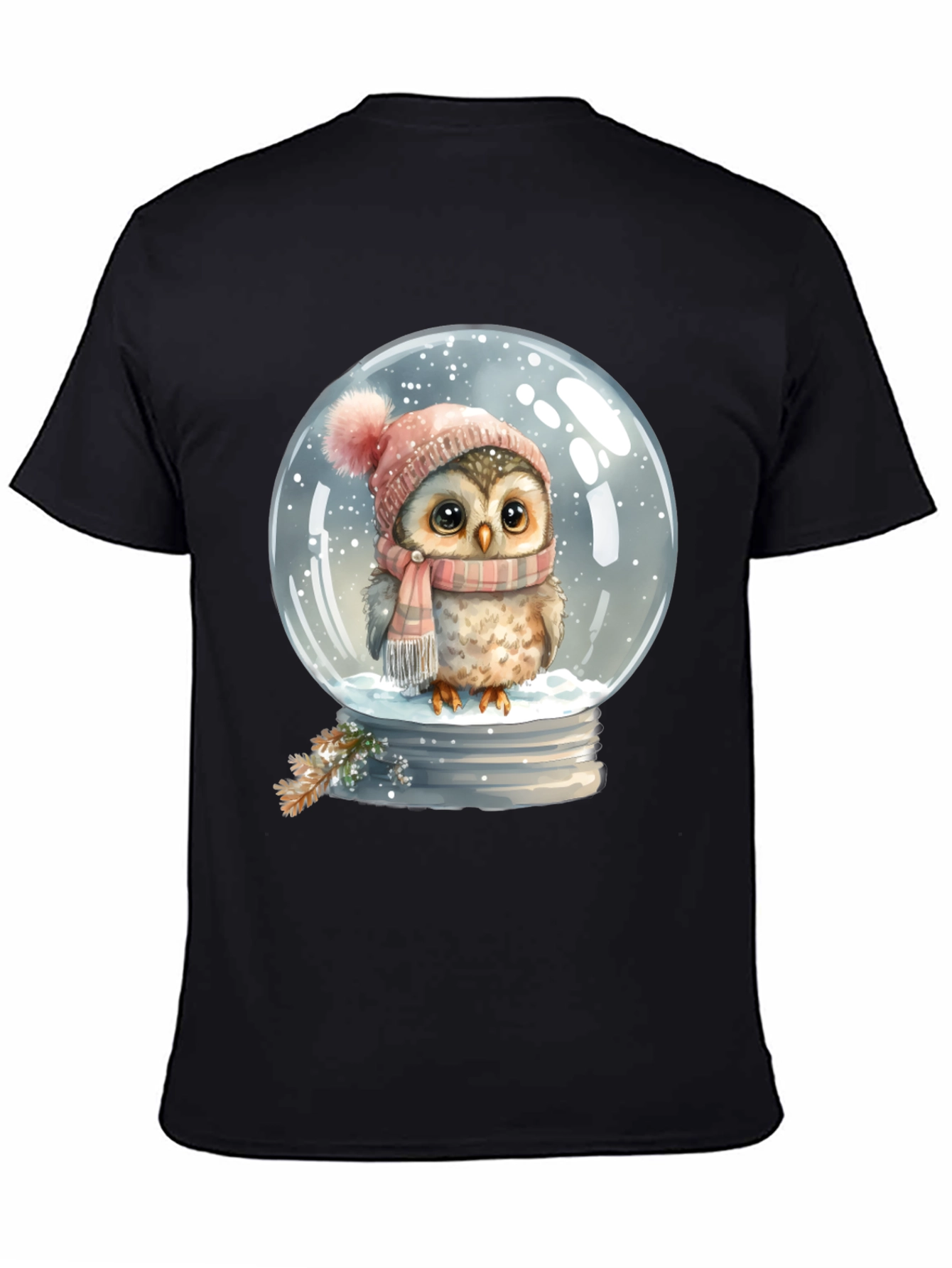 Winter Owl in Snow Globe Black T-Shirt - 4