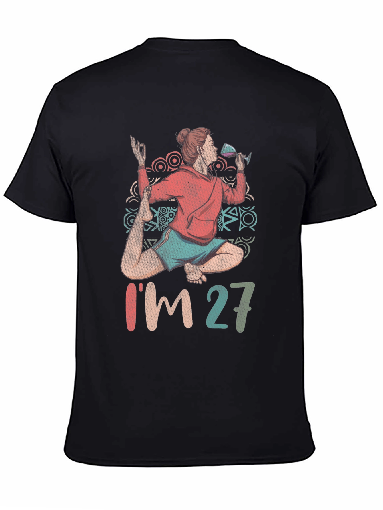 Black Yoga & Wine Birthday T-Shirt - I'm 27 Graphic Tee view 4