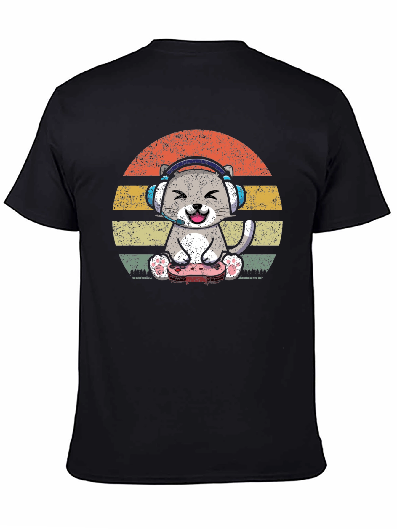 Black Gamer Cat T-Shirt - Vintage Sunset Design view 4