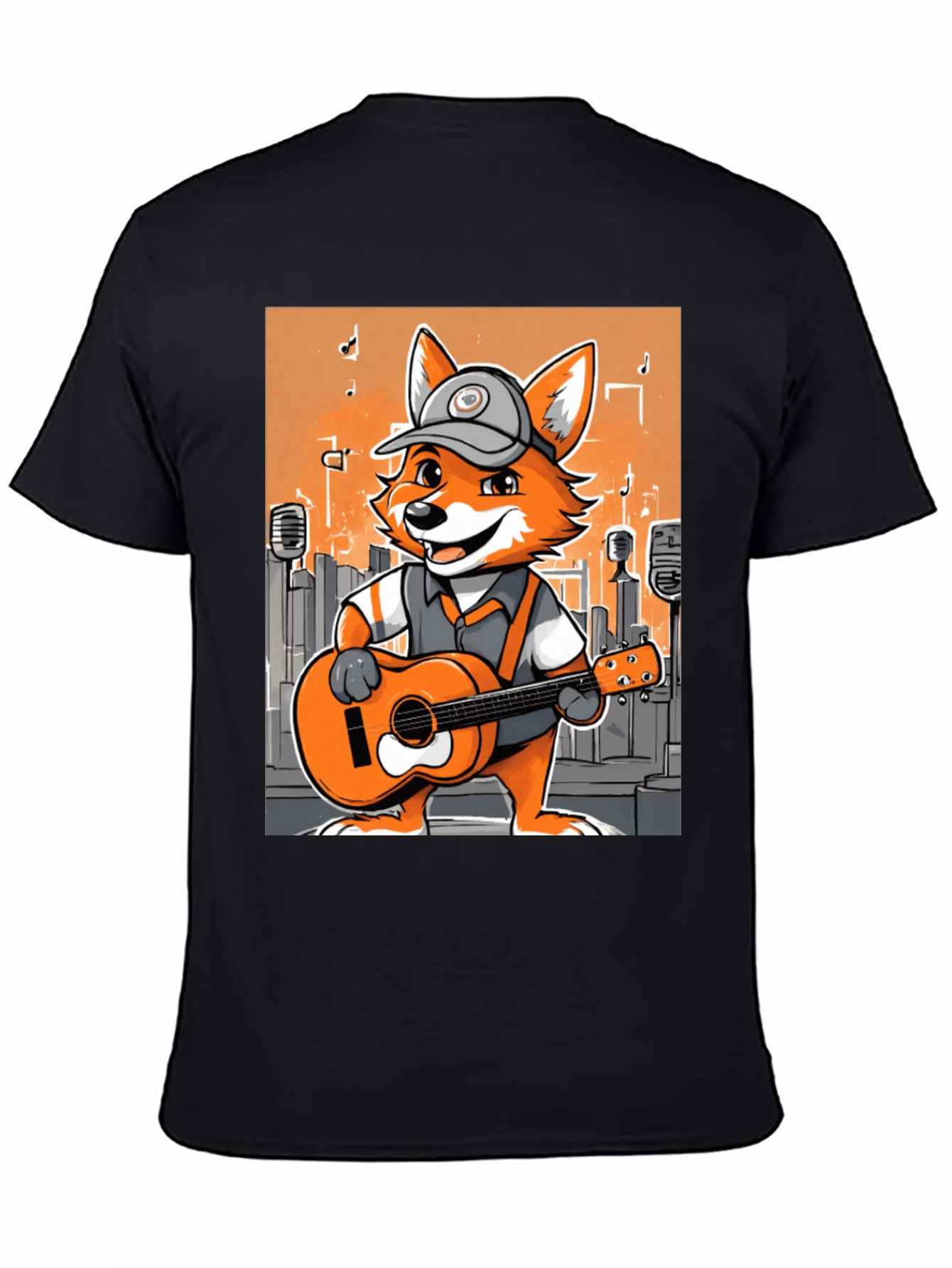 Black Cartoon Fox Musician Graphic Tee view 4
