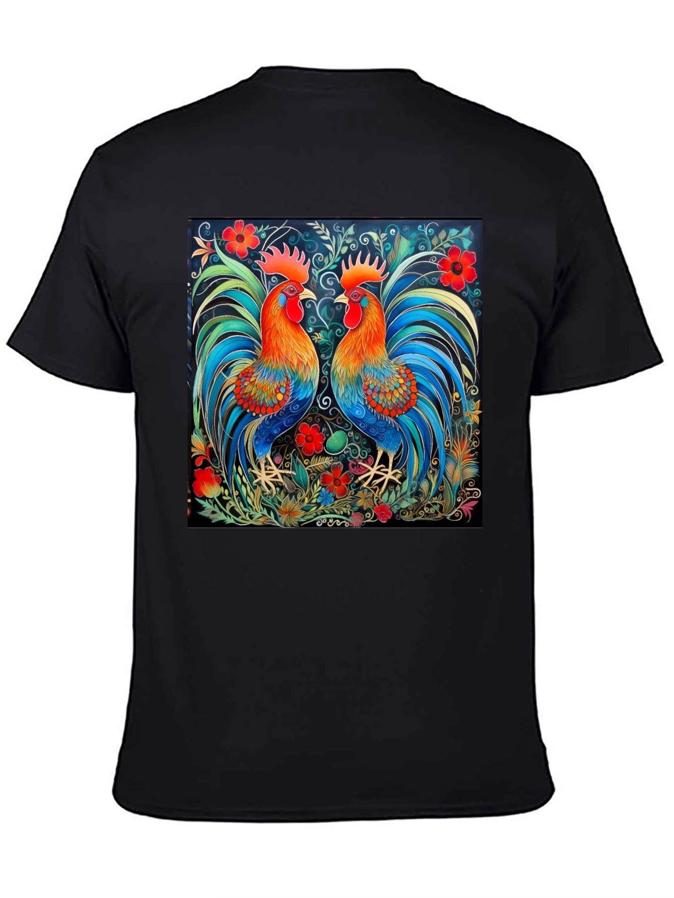 Black Rooster Art Print Black T-Shirt - Stylish Graphic Tee view 4