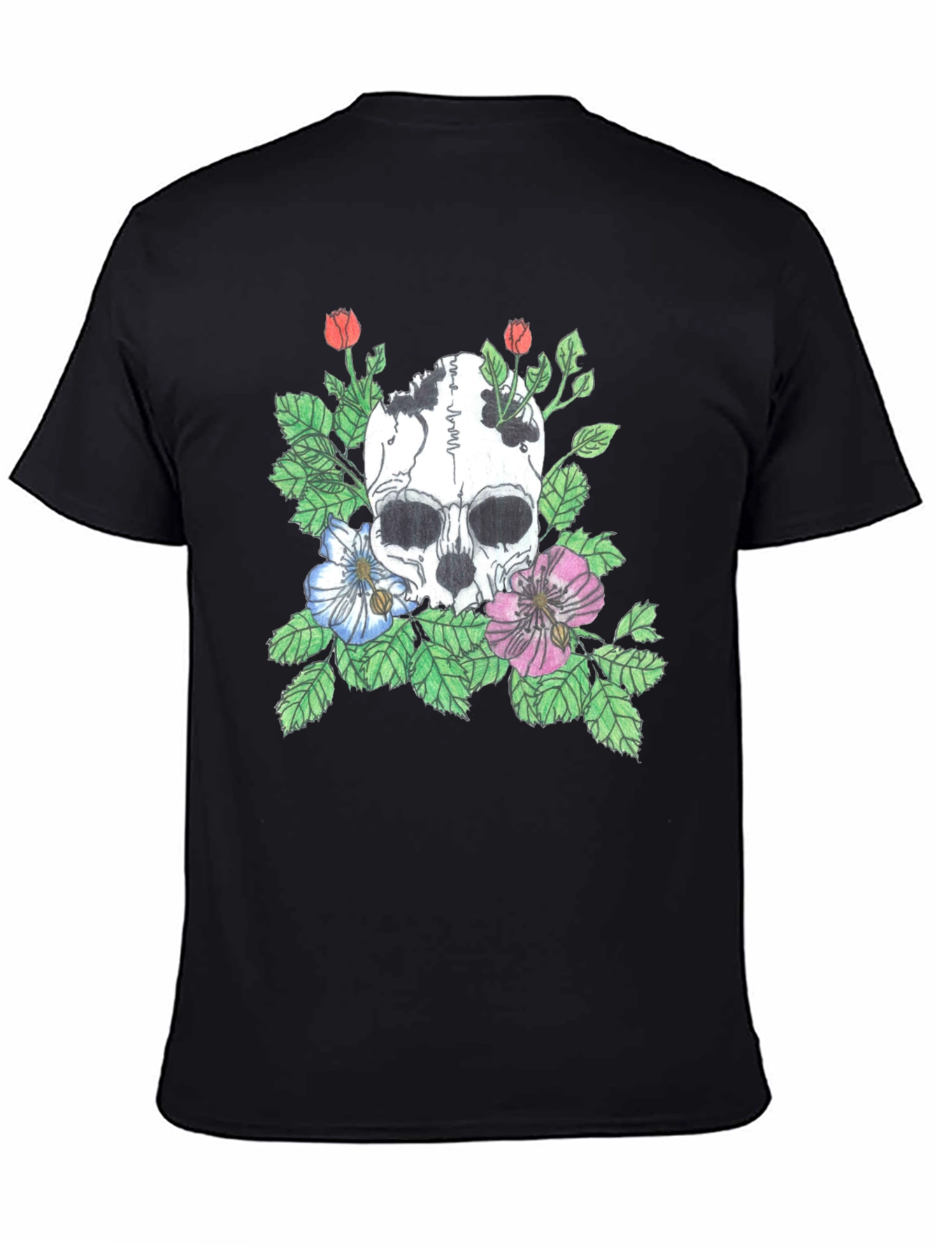 Black Skull Floral Graphic Tee - Stylish Black T-Shirt view 4