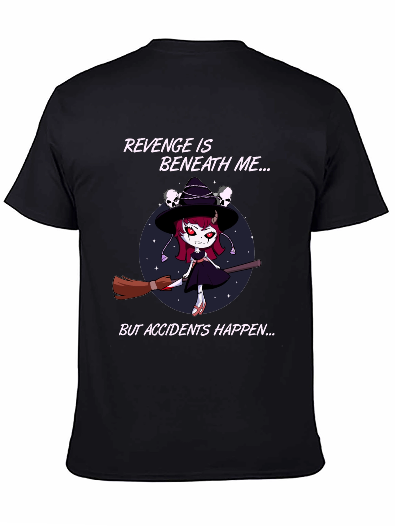 Black Revenge Witch T-Shirt: Accidents Happen - Black Cotton Tee view 4