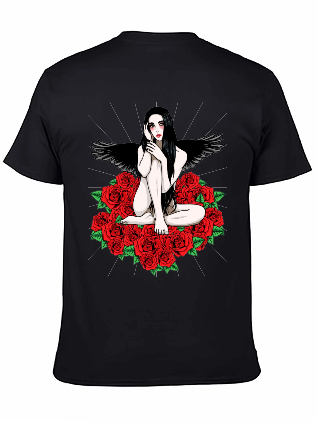 Black Gothic Angel Rose T-Shirt - Dark Fantasy Tee view 4