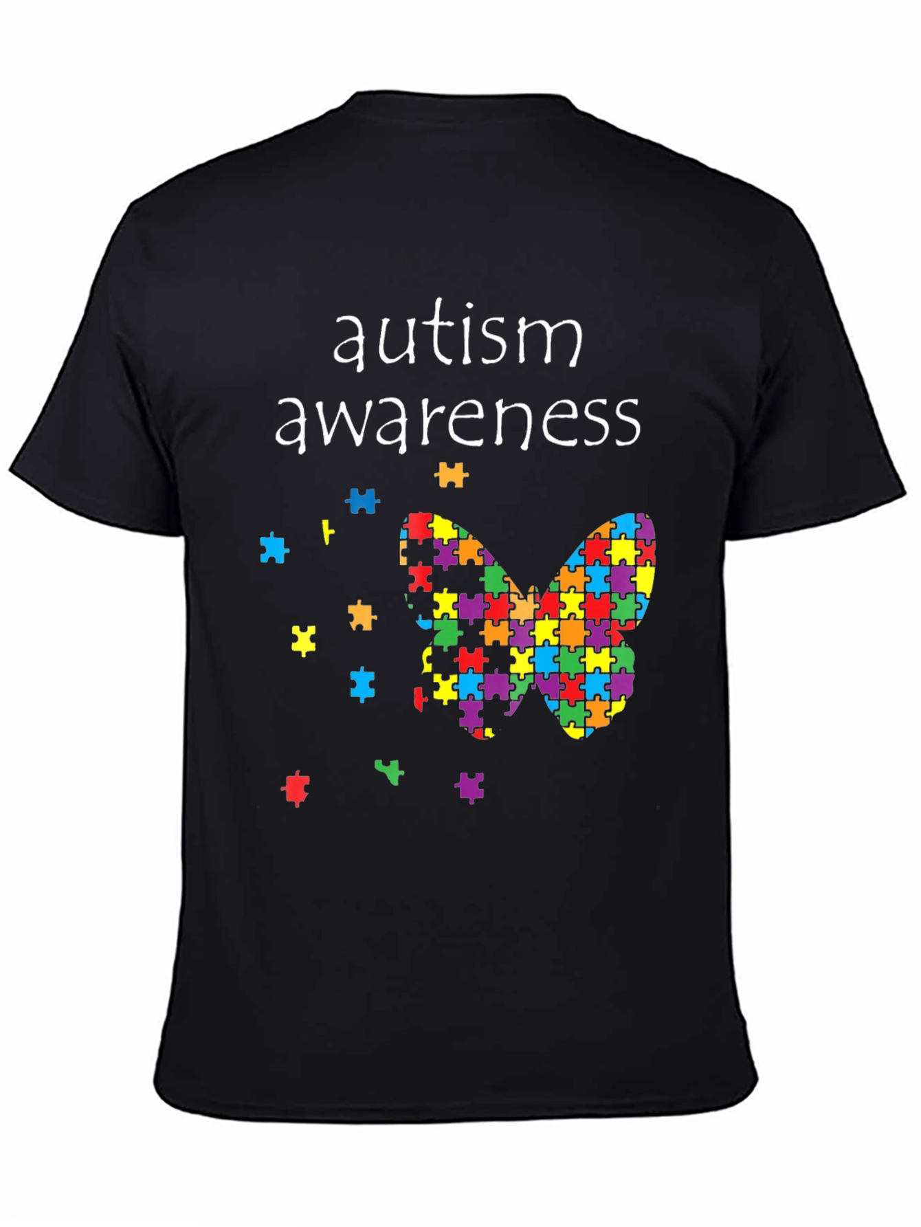 Black Autism Awareness Butterfly Puzzle Piece T-Shirt view 4