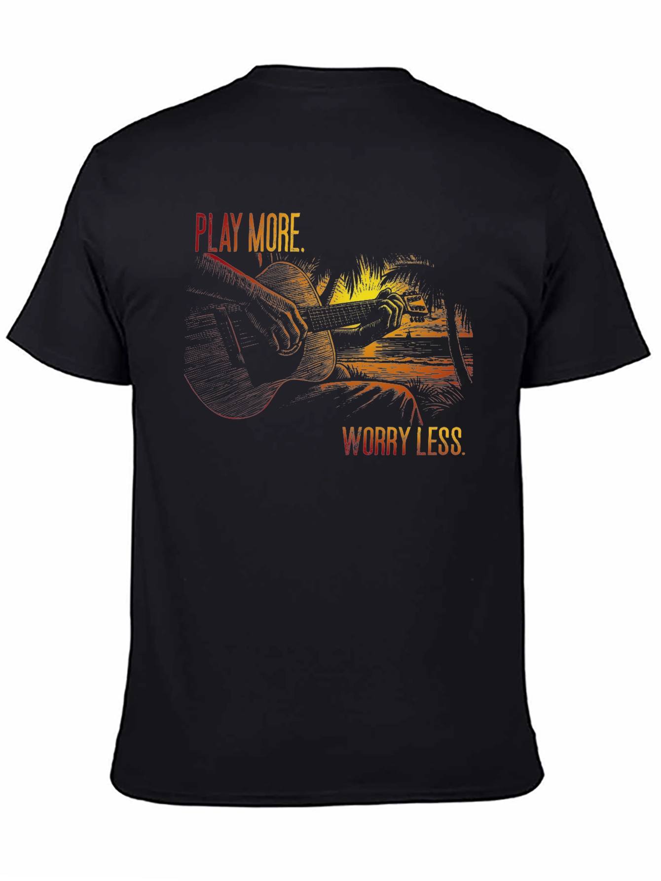 Black Play More Worry Less T-Shirt - Guitar & Beach Design view 4