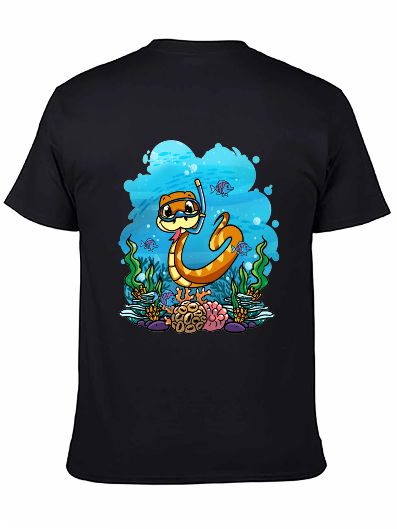 Black Cartoon Snorkeling Snake Graphic Tee view 4
