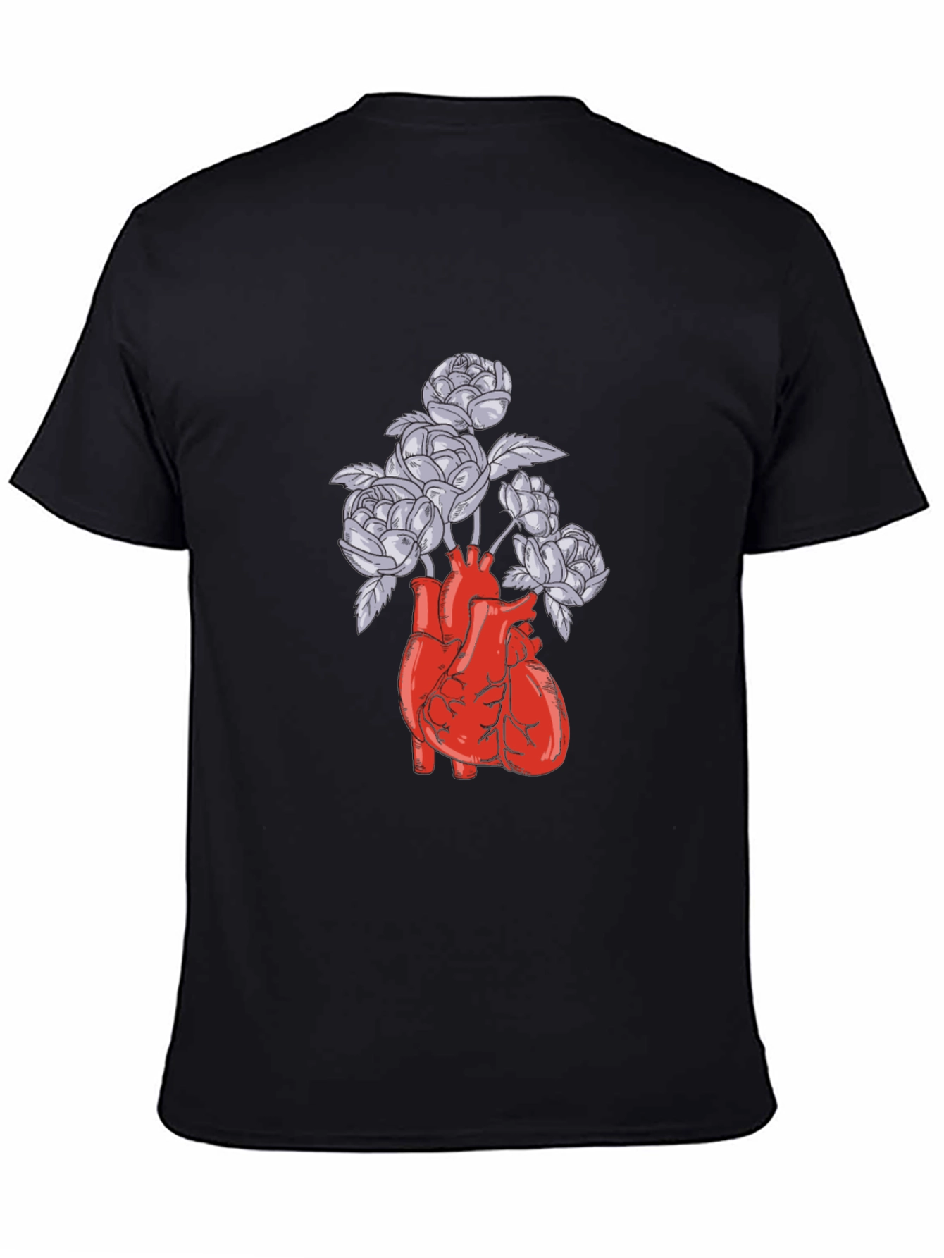 Black Anatomical Heart and Flowers Graphic T-Shirt view 4
