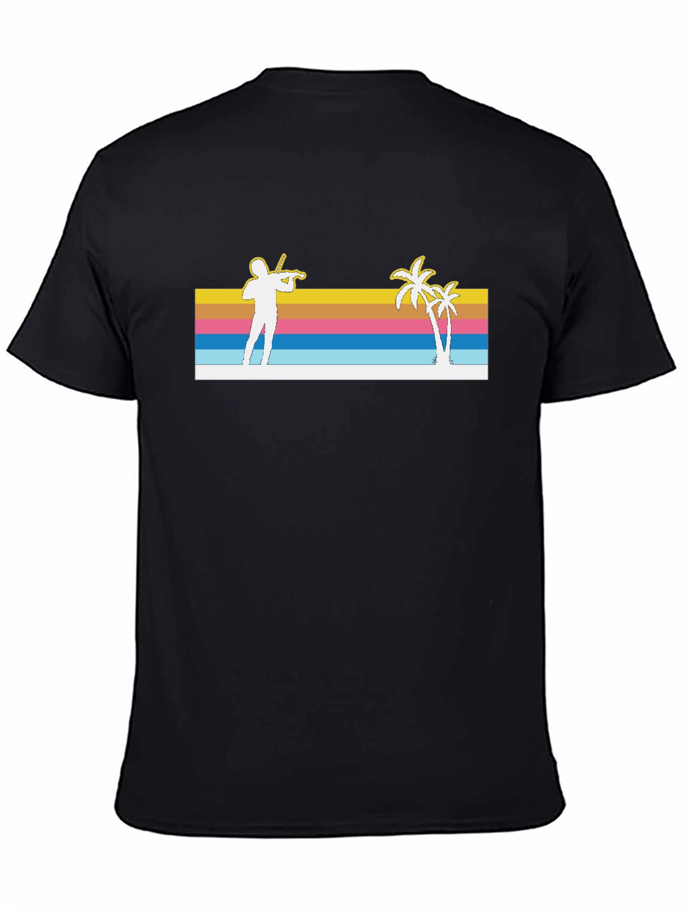 Black Retro Violinist & Palm Trees Black T-Shirt view 4
