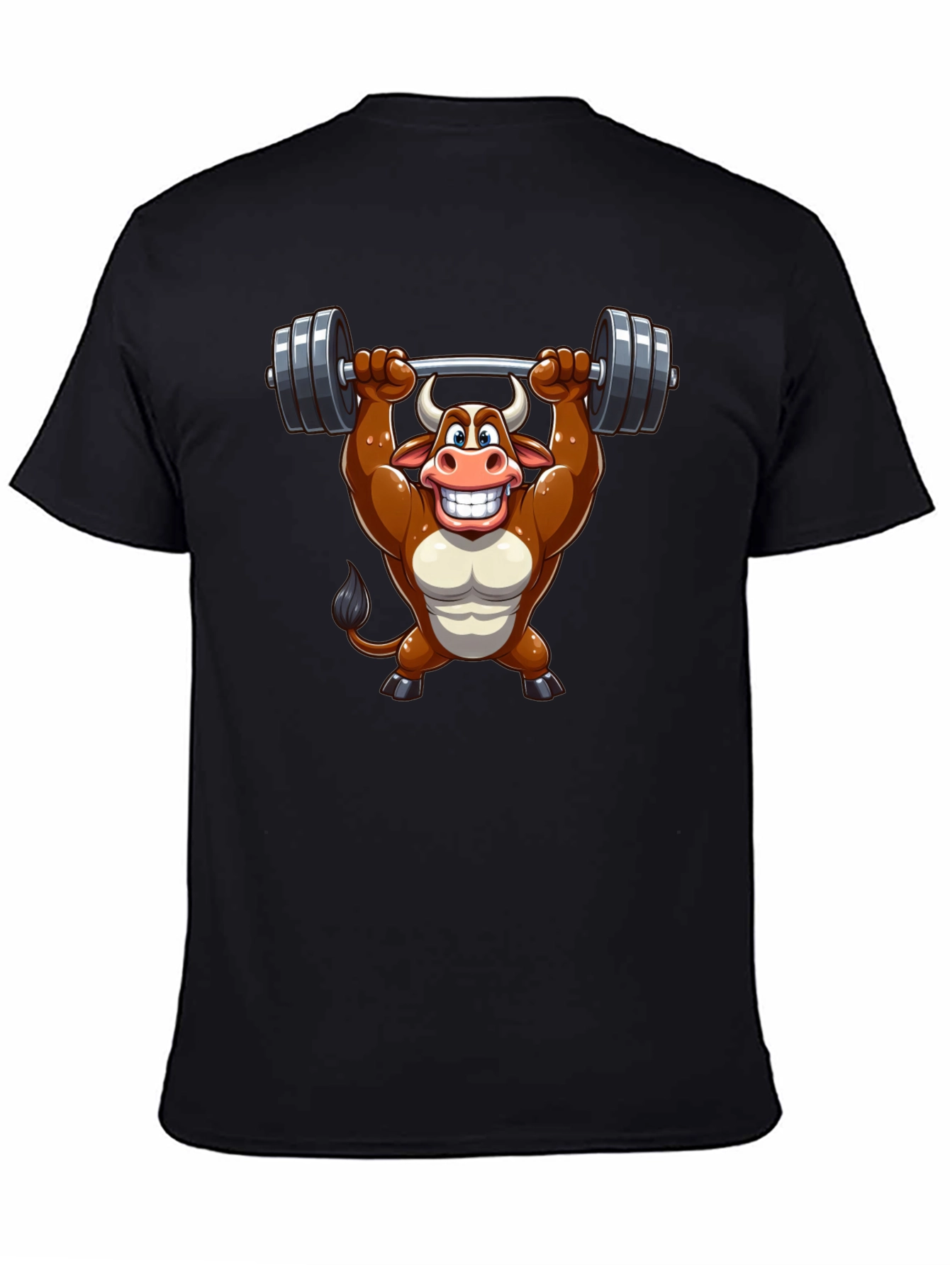 Black Funny Bull Lifting Weights T-Shirt view 4