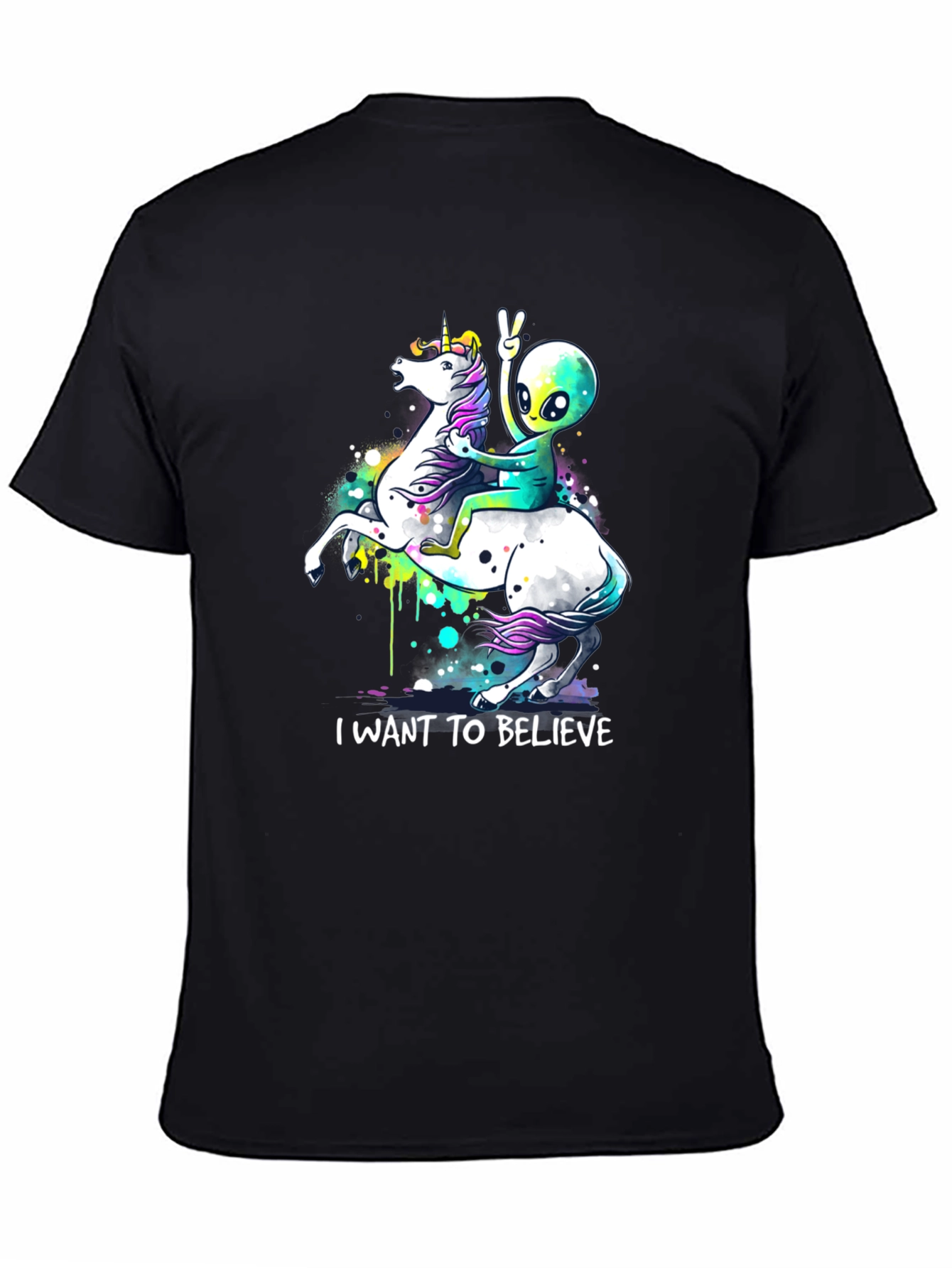 Black Alien Riding Unicorn T-Shirt - I Want To Believe view 4