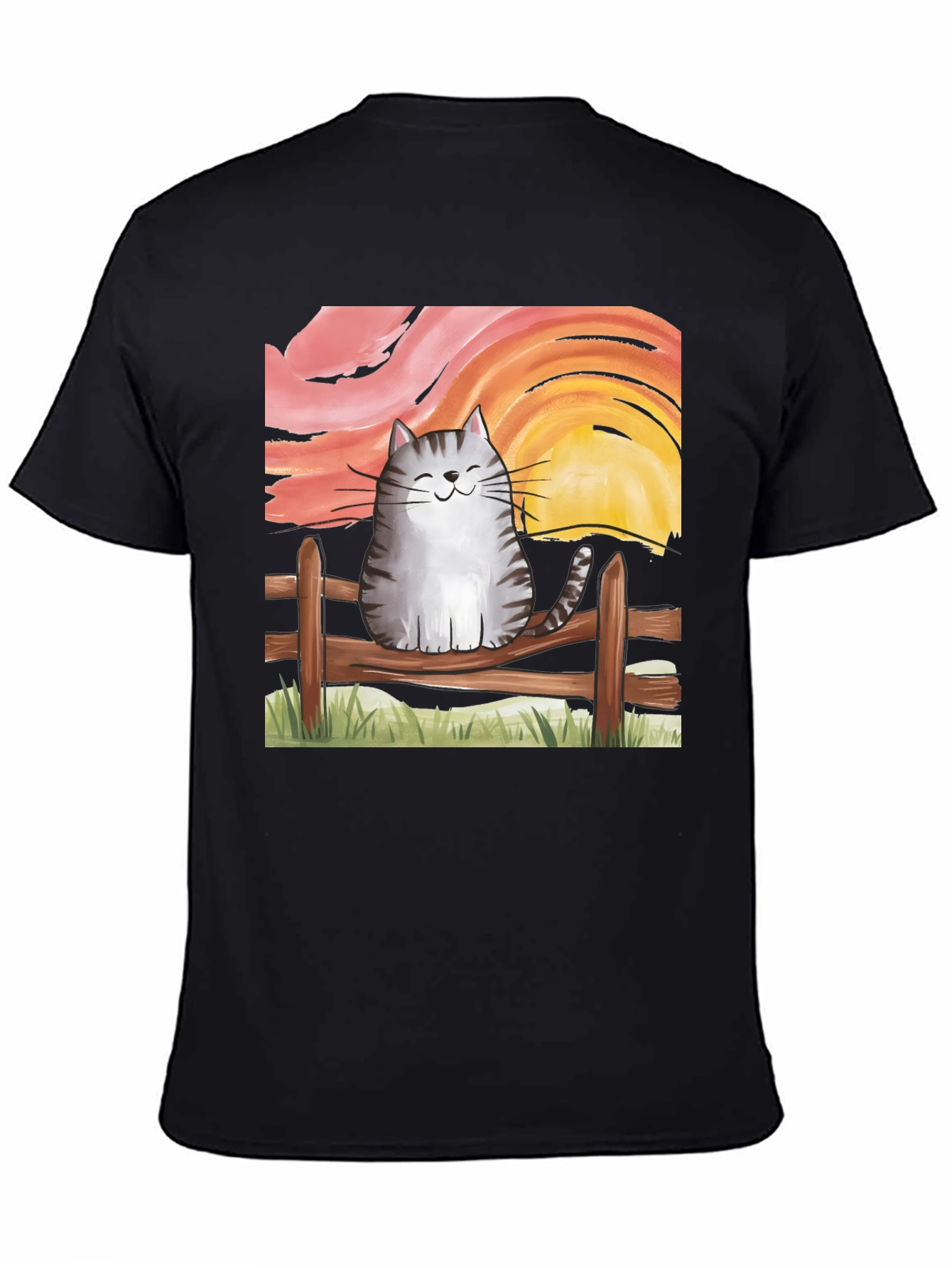 Black Cat on Fence Sunset Graphic Tee view 4