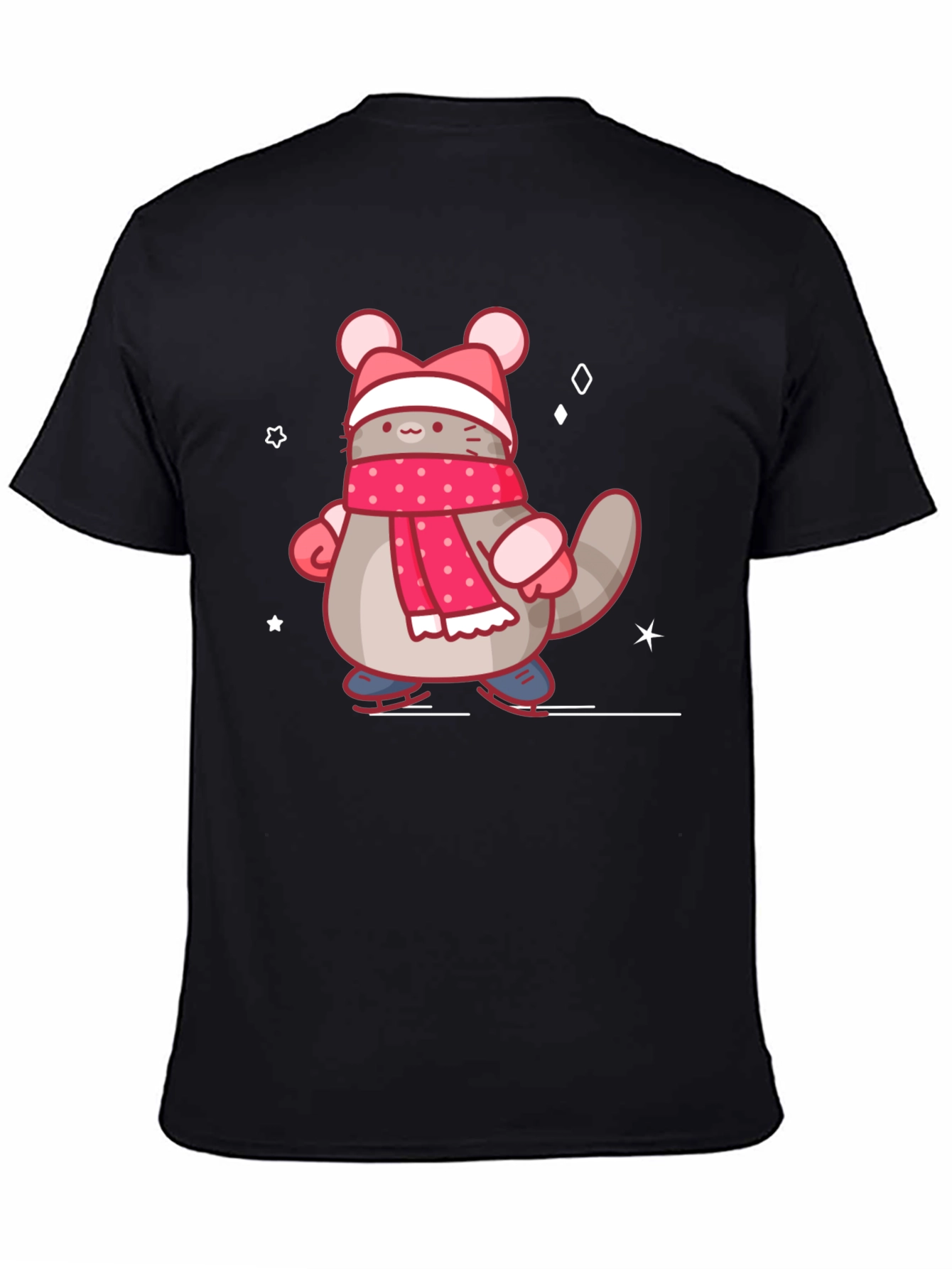 Black Cute Cartoon Cat in Winter Gear T-Shirt view 4