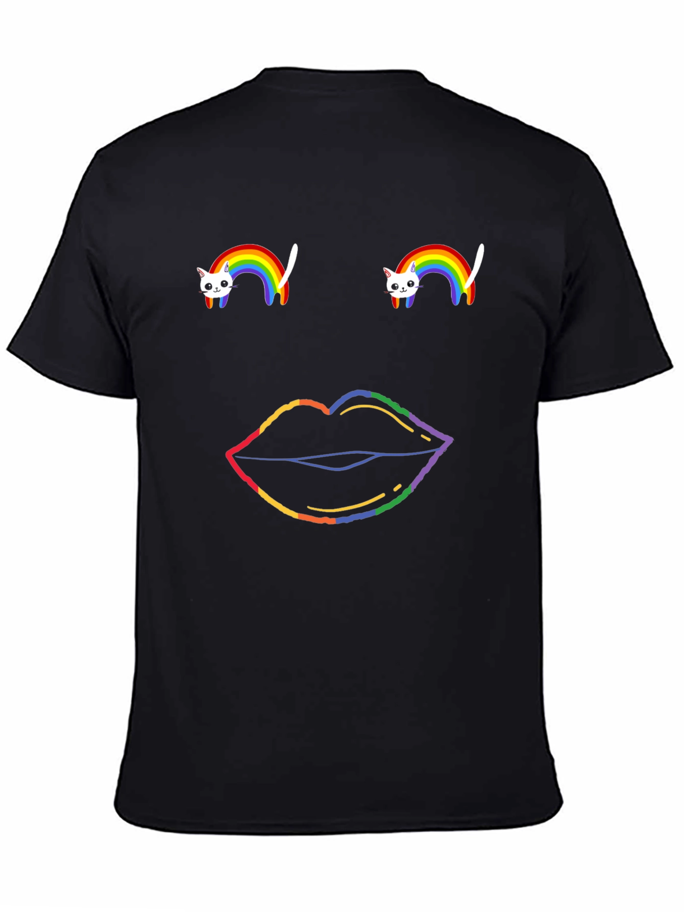 Black Rainbow Cat & Lips Graphic Tee - Black Cotton T-Shirt view 4