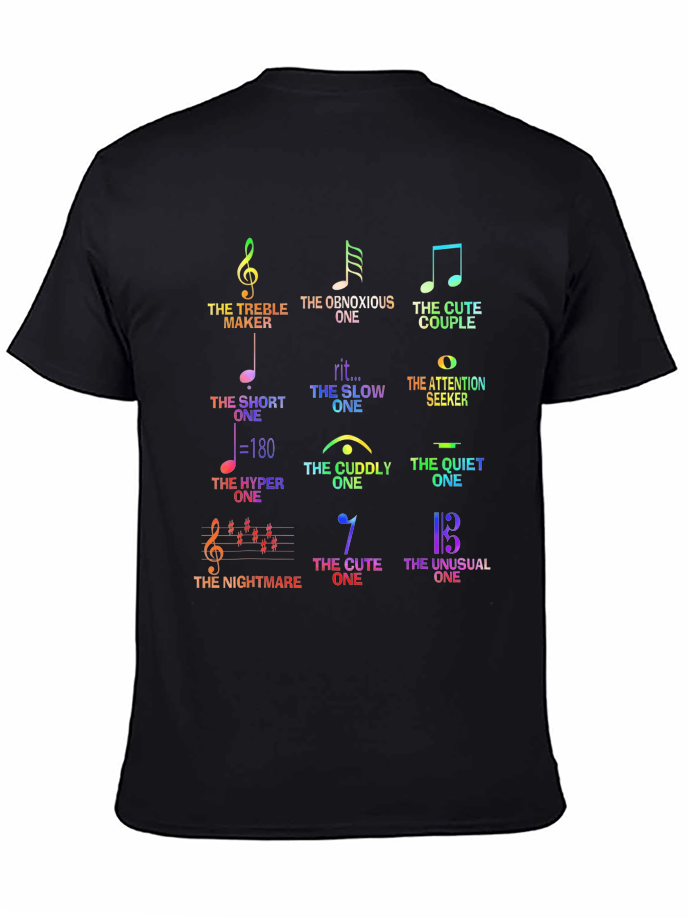 Black Musical Humor Graphic Tee - 'The Music Note Personalities' Shirt view 4