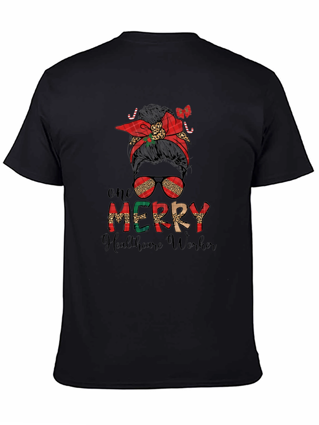 Black One Merry Healthcare Worker Messy Bun T-Shirt view 4