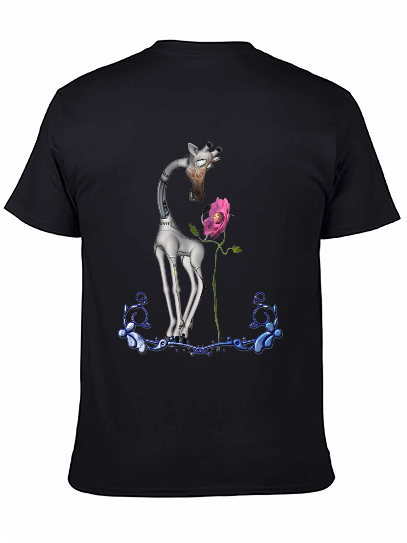 Black Robotic Giraffe & Flower Graphic Tee - Quirky Black T-Shirt view 4