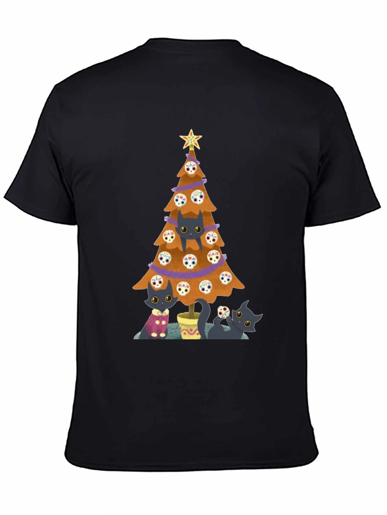 Black Cat Christmas Tree Black T-Shirt view 4