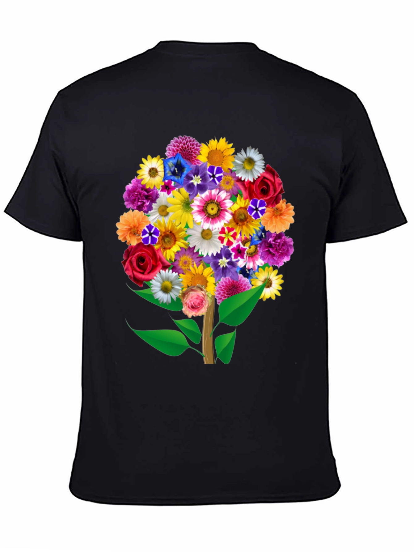 Black Floral Bouquet Tree Graphic Tee - Black Cotton T-Shirt view 4