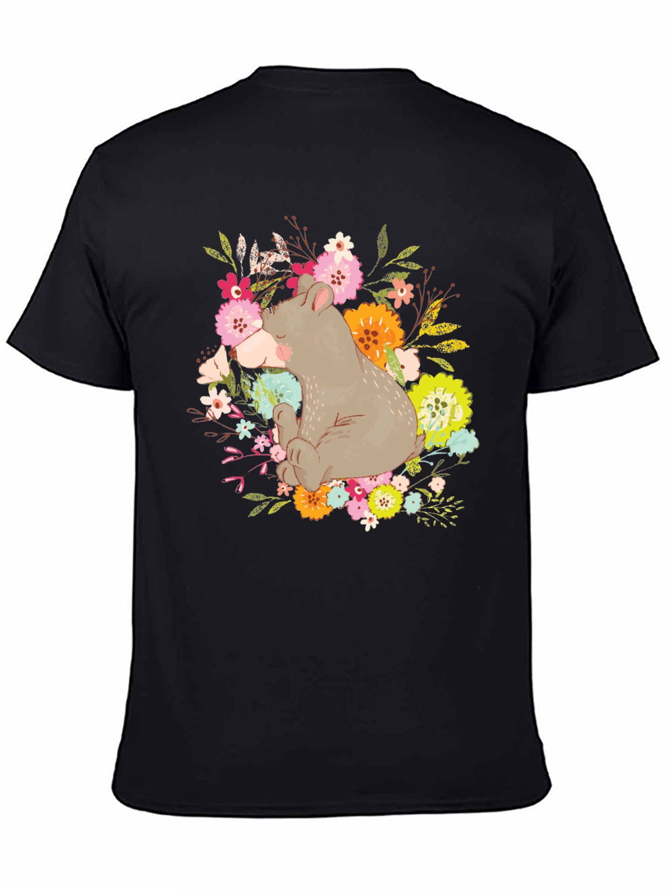 Black Cute Bear Floral T-Shirt - Unisex Graphic Tee view 4