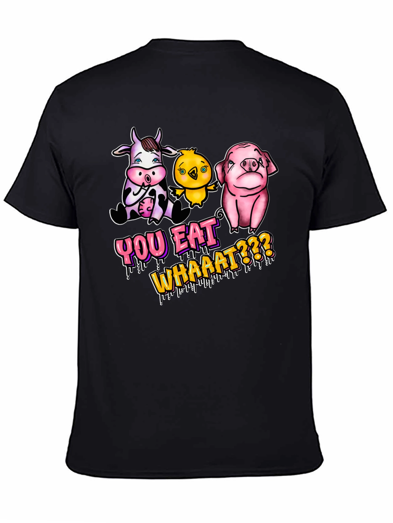 Black Vegan T-Shirt: You Eat Whaaat??? Funny Animal Design view 4