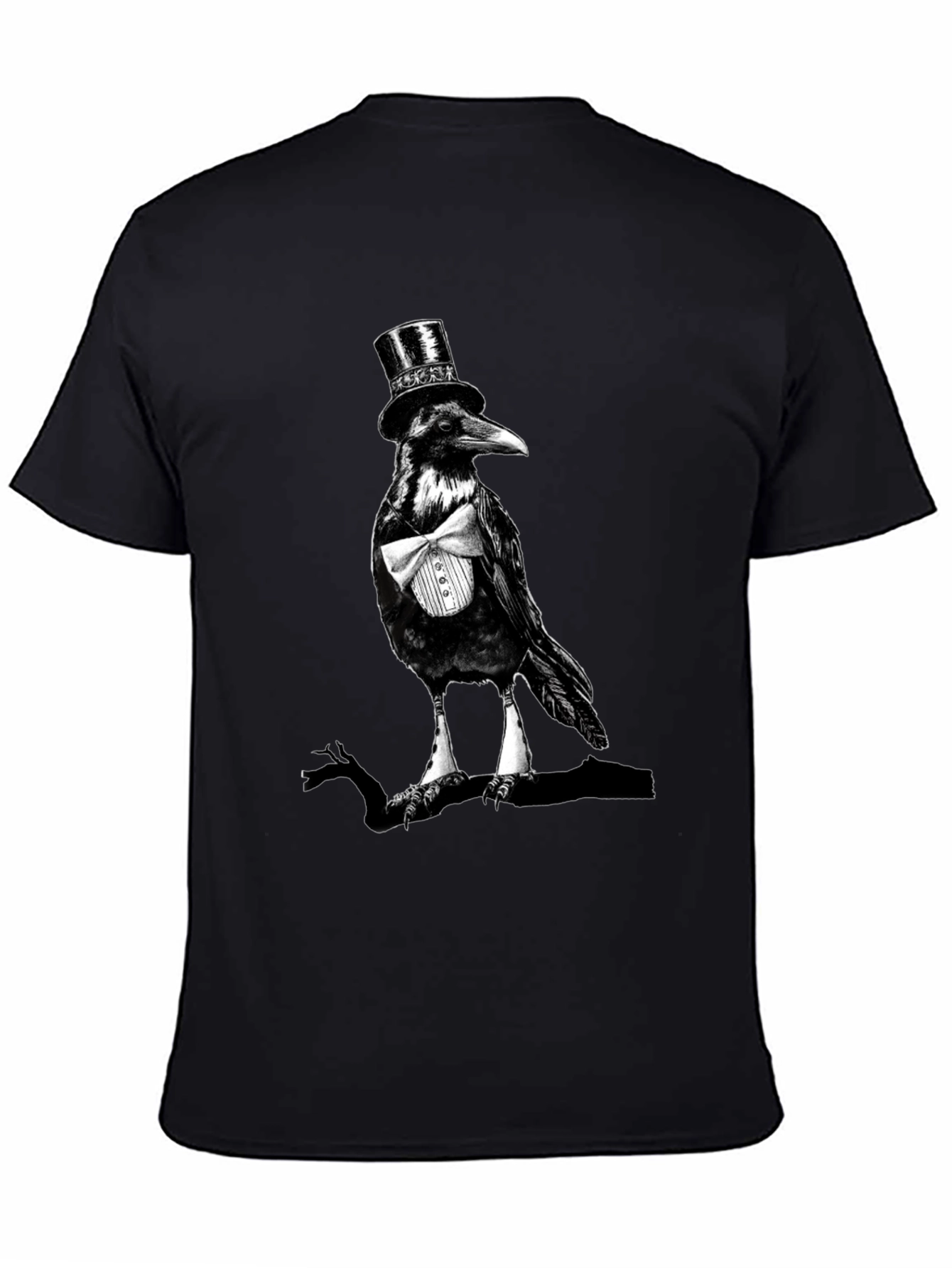 Black Raven Top Hat Bowtie T-Shirt, Mens Black Tee view 4