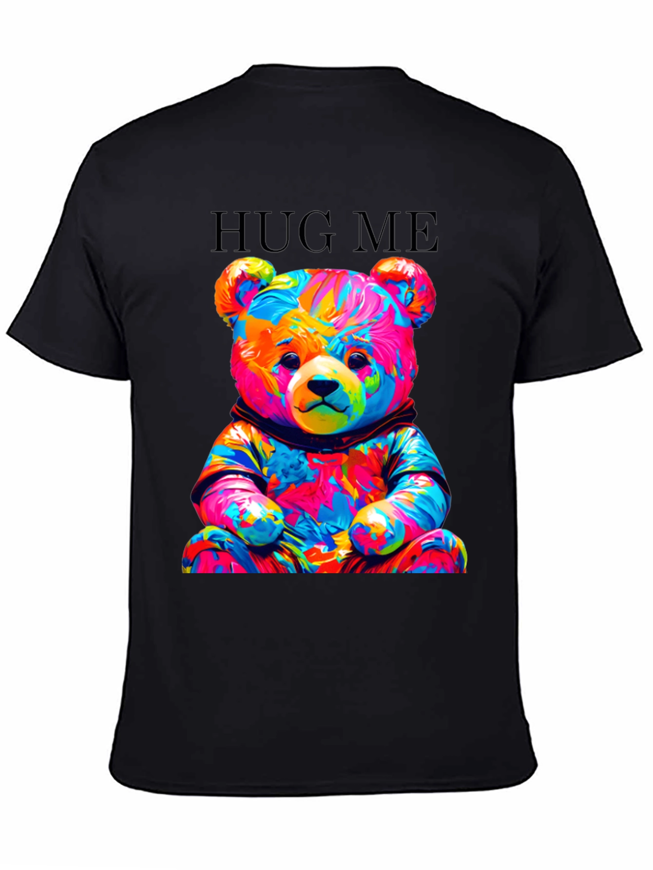 Black Colorful Teddy Bear Hug Me Graphic T-Shirt view 4