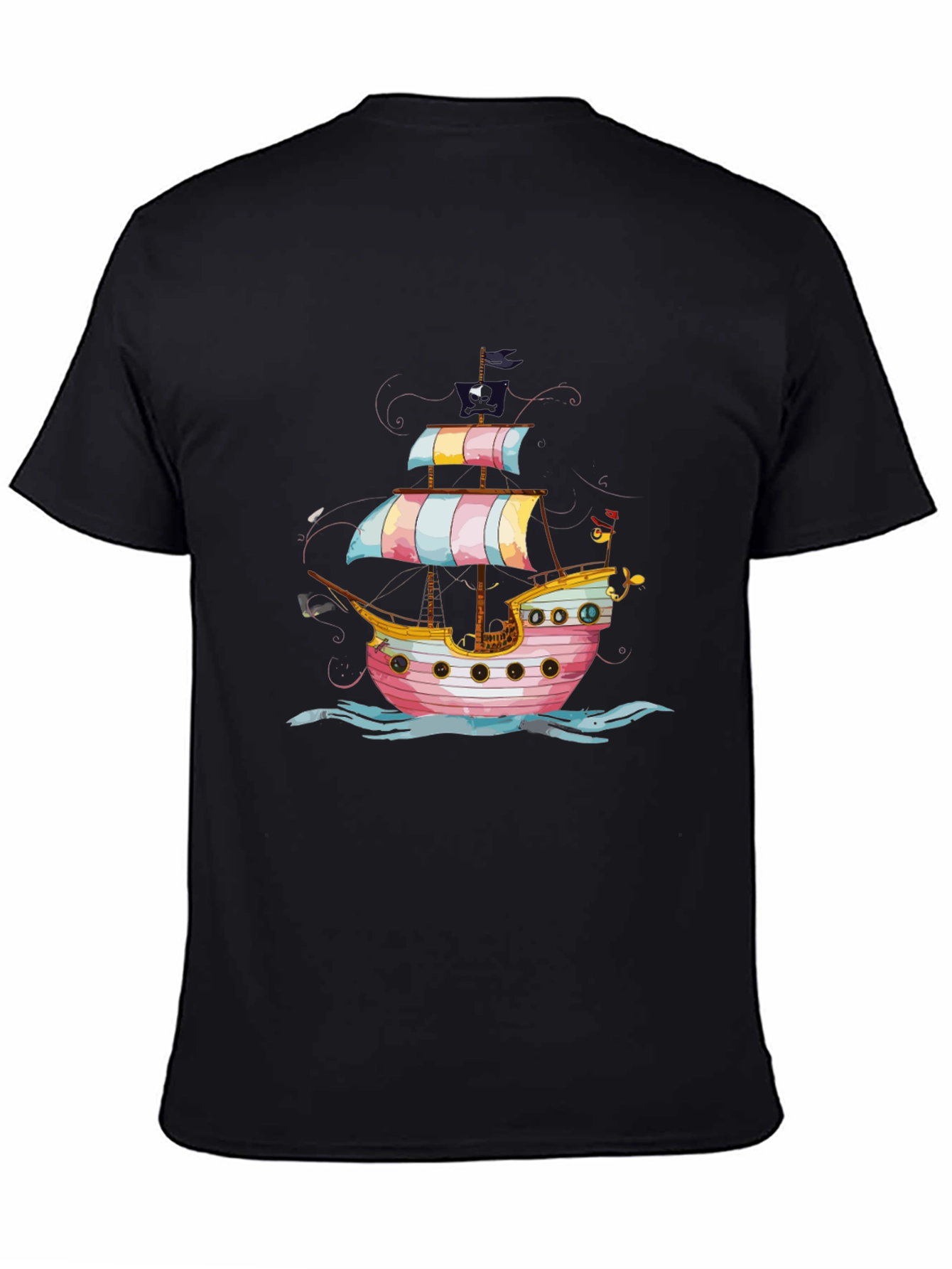 Black Pirate Ship Graphic Tee - Black Cotton T-Shirt view 4
