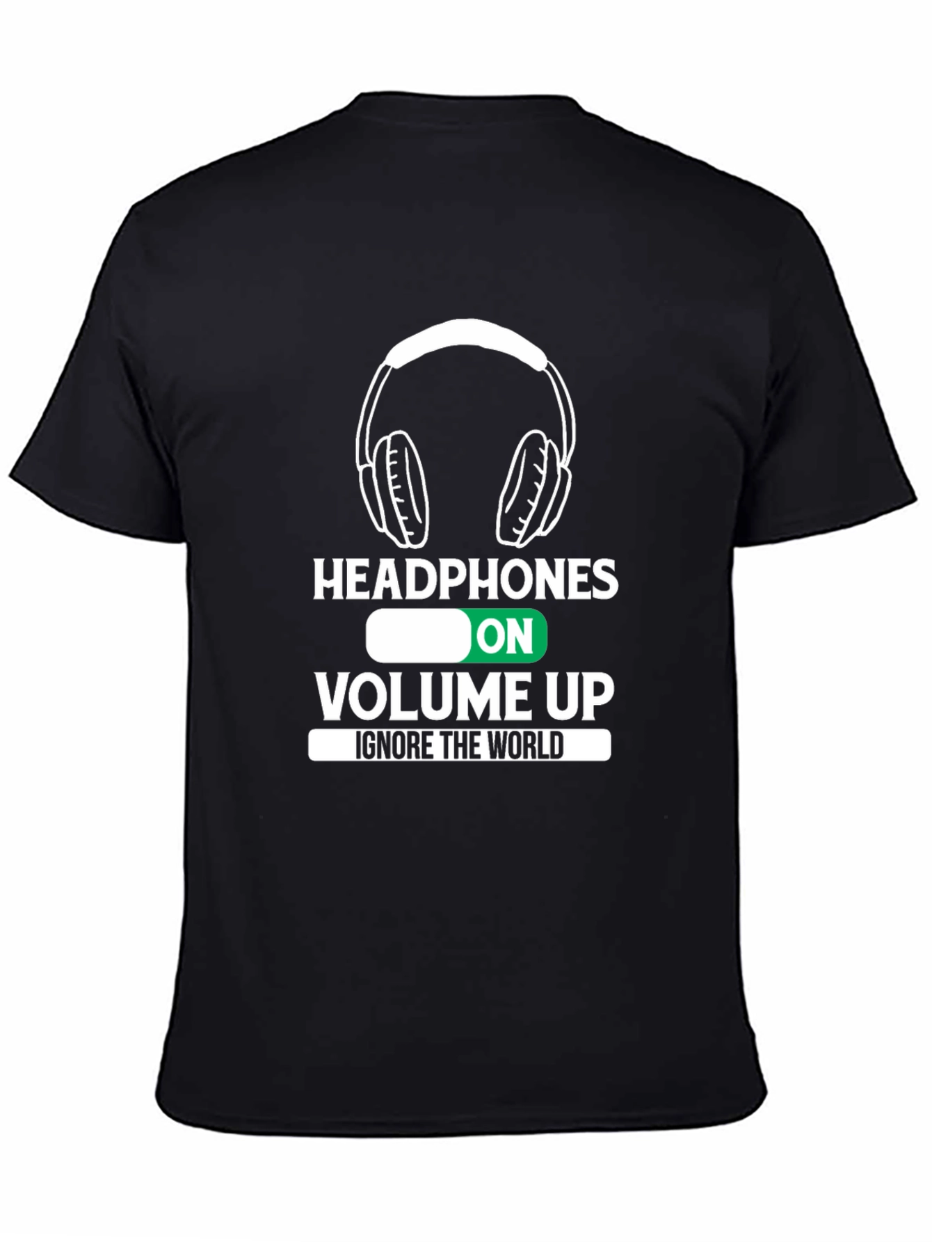 Black Headphones On Volume Up Black T-Shirt view 4