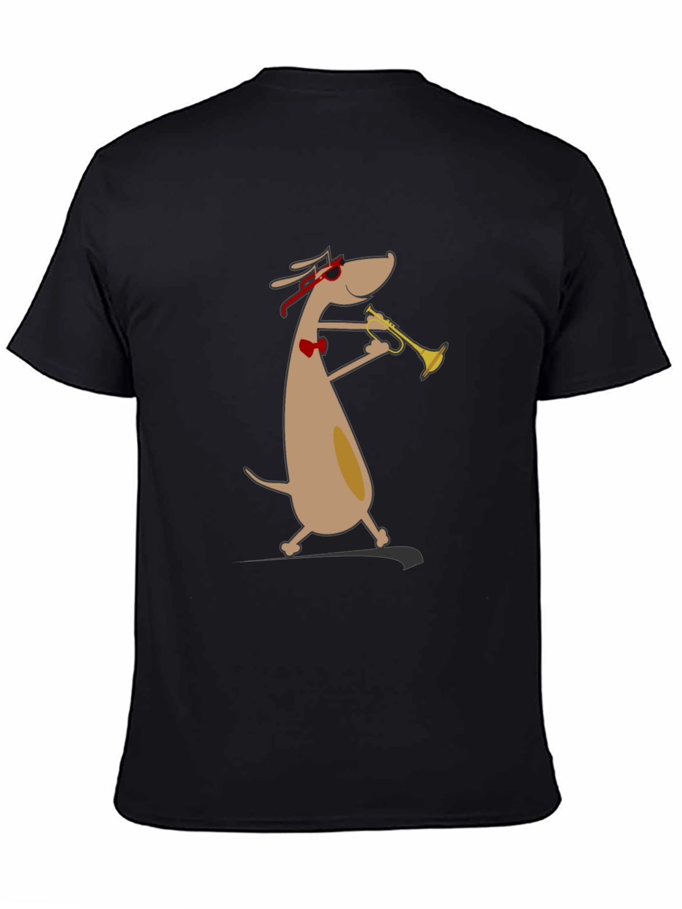 Black Cool Dog Trumpet Player Graphic Tee - Black Cotton Shirt view 4