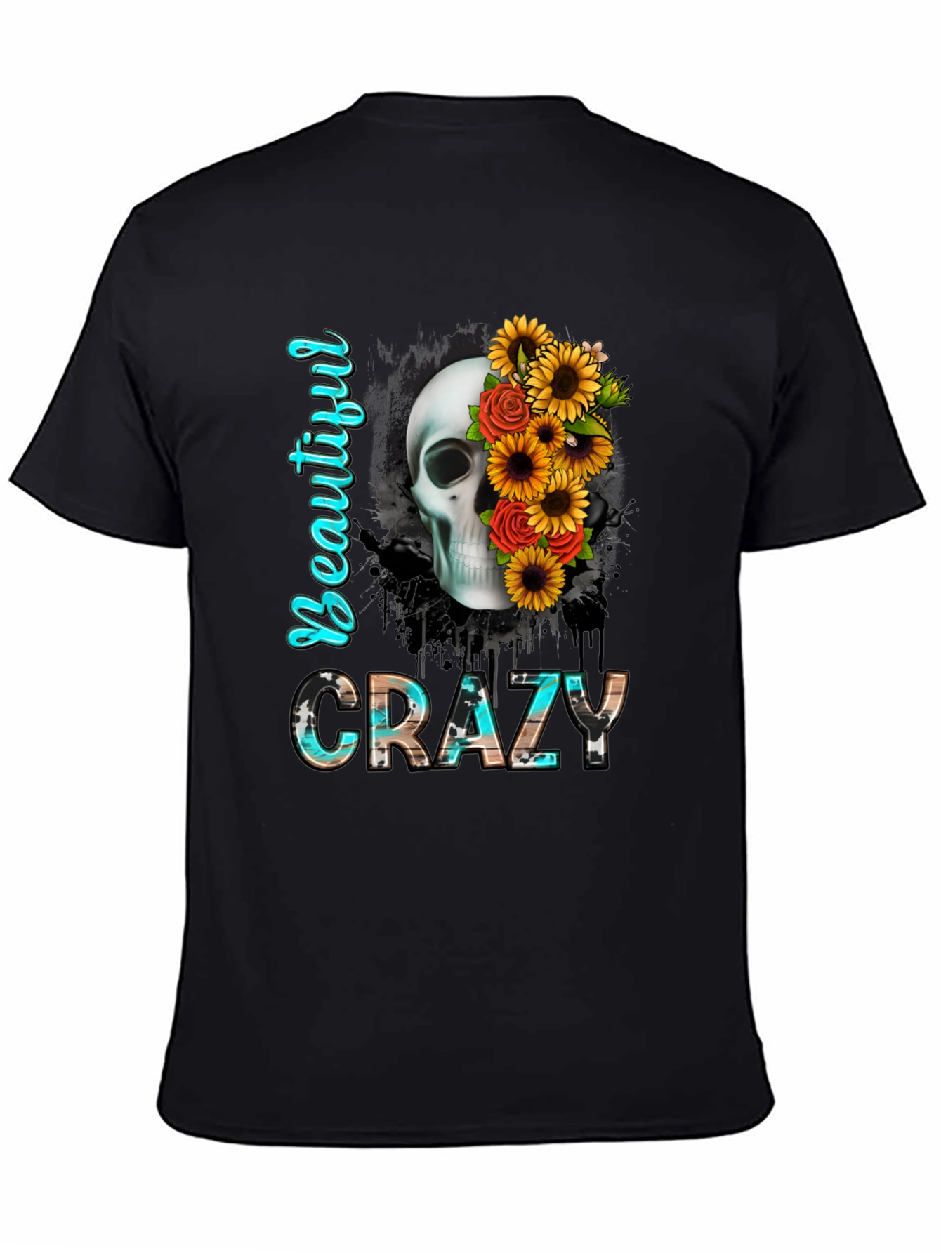 Black Beautiful Crazy Skull & Flowers Graphic Tee view 4