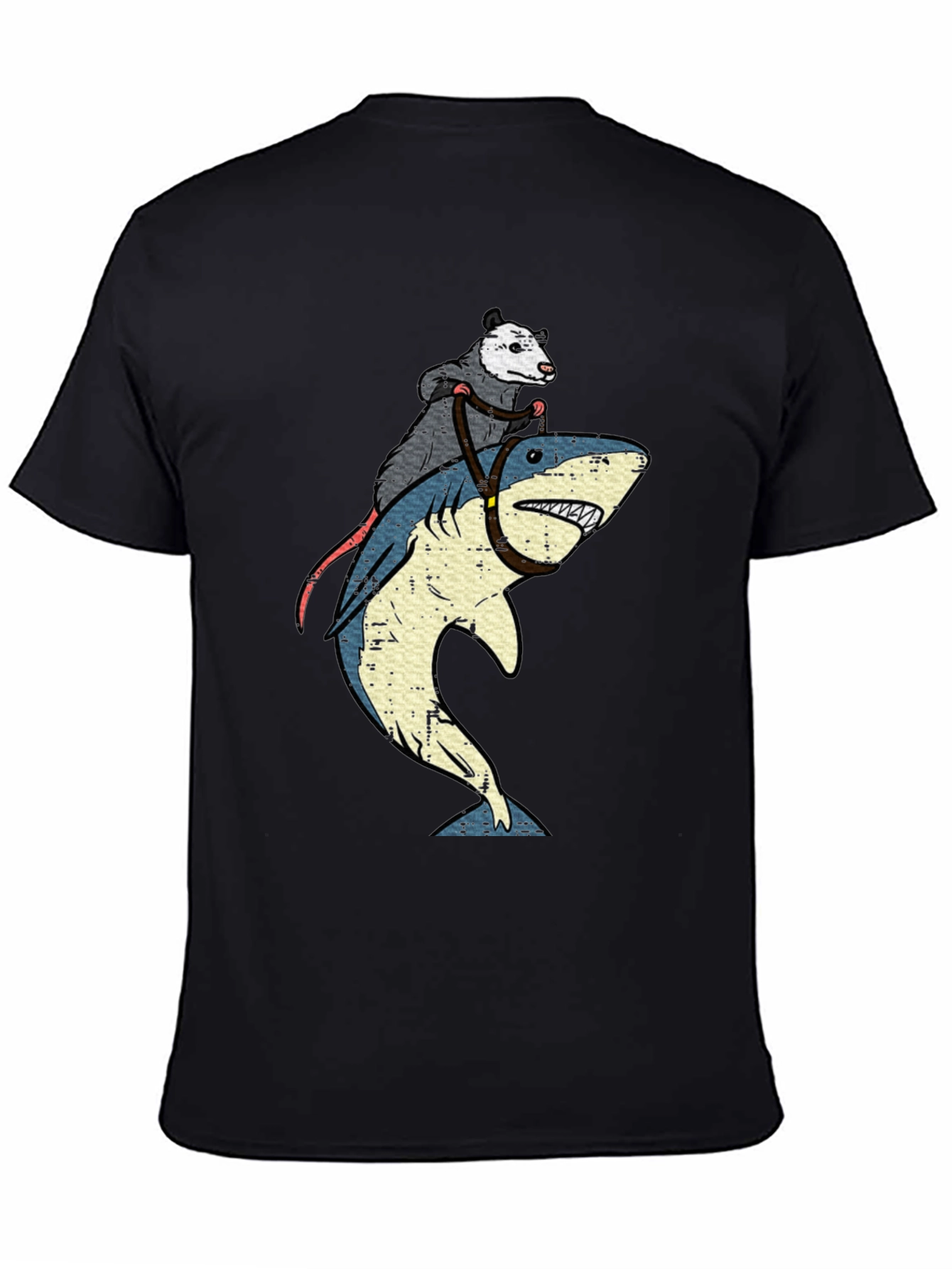 Black Opossum Riding Shark Graphic T-Shirt view 4