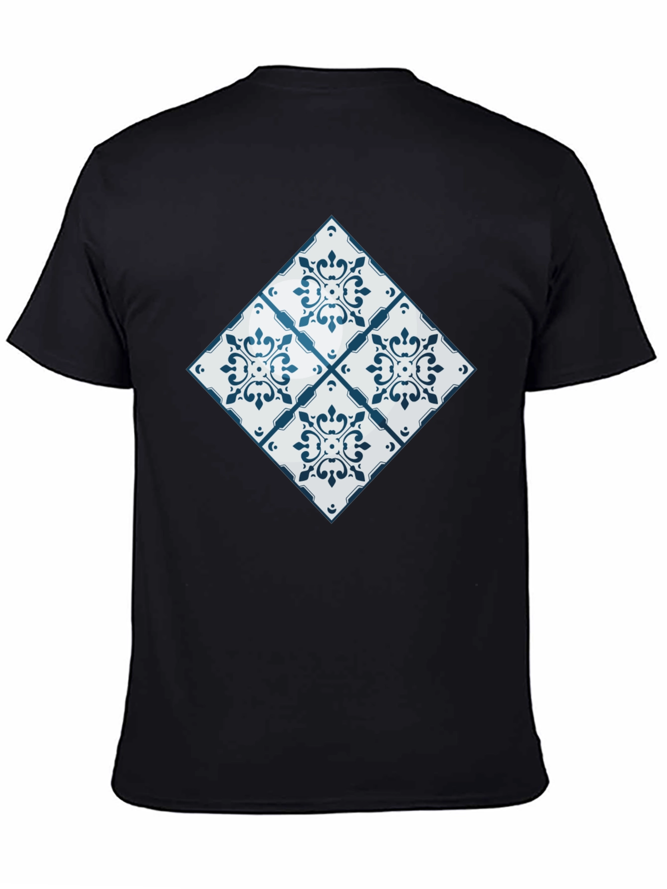 Black Azulejo Tile Pattern Black T-Shirt view 4