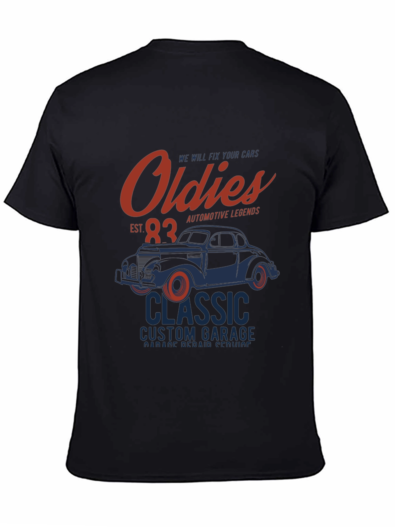 Black Oldies Classic Car Garage T-Shirt view 4