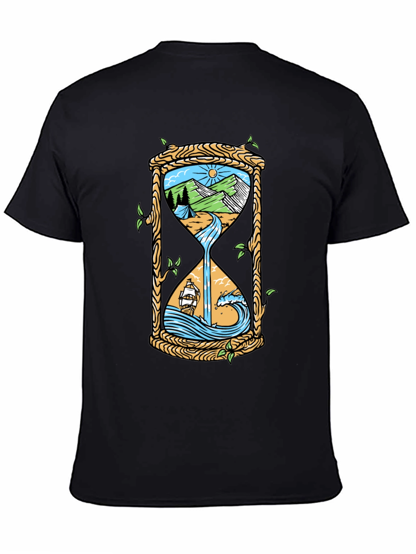 Black Nature Hourglass Graphic Tee - Unique Time Design Shirt view 4
