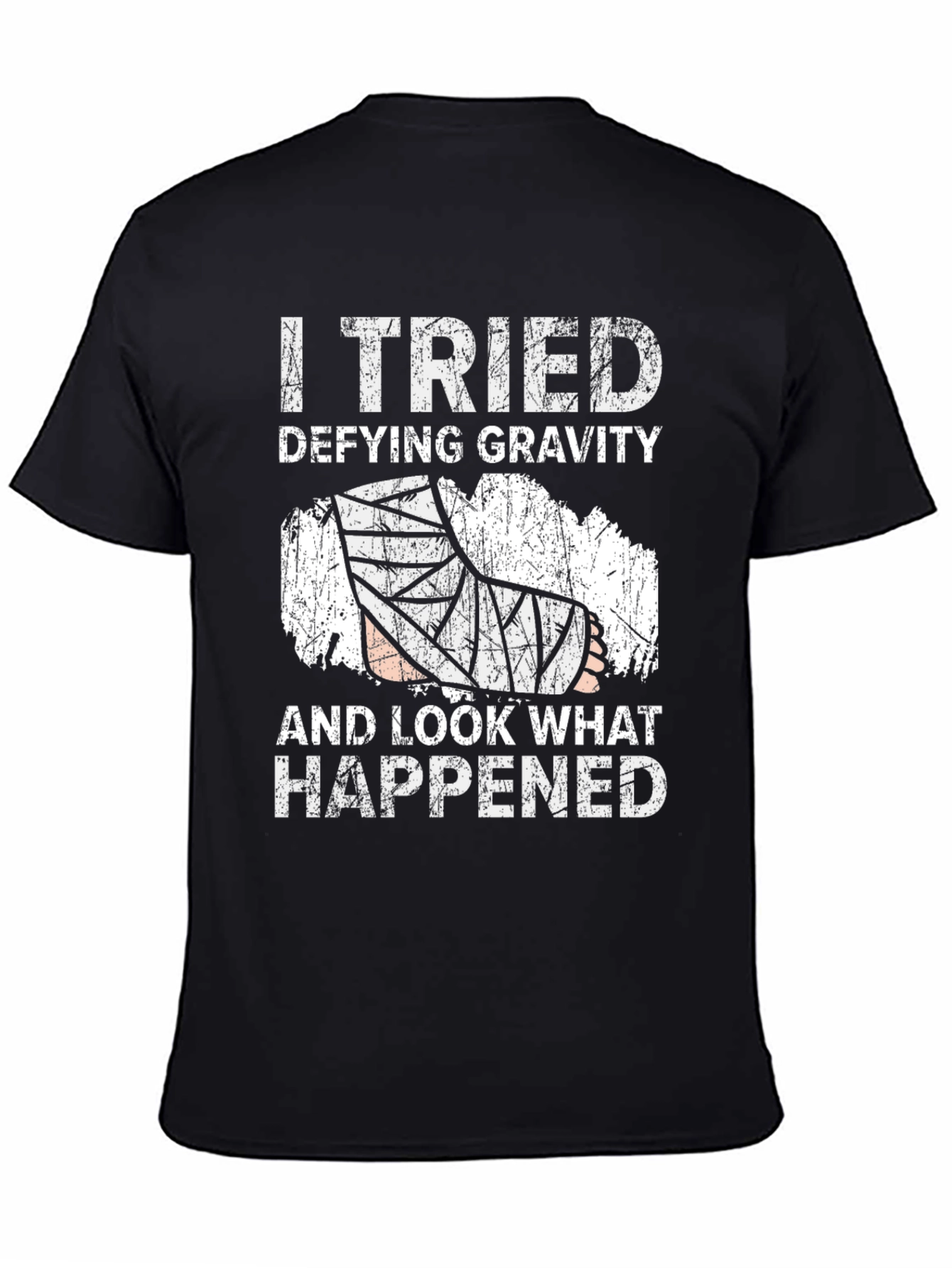 Black Defying Gravity Humor Tee - Broken Leg Joke Shirt view 4
