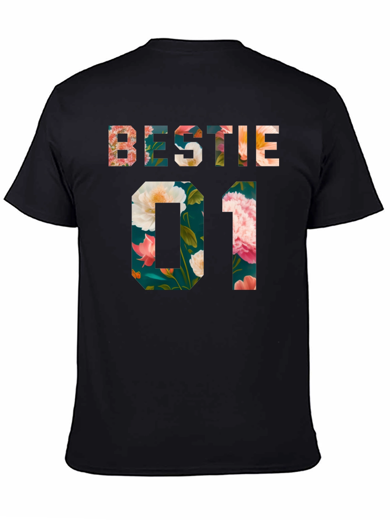 Black Floral Bestie 01 Black T-Shirt view 4