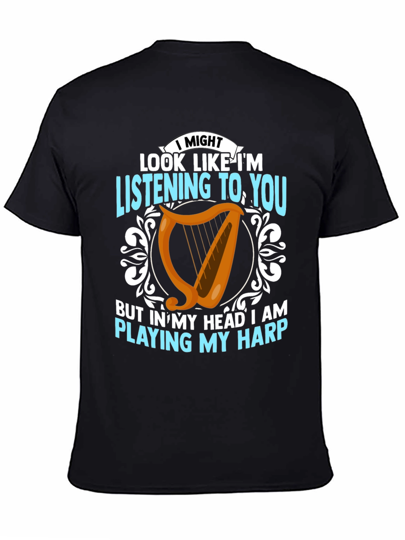 Black Harp Player T-Shirt - Musical Mind Black Tee view 4