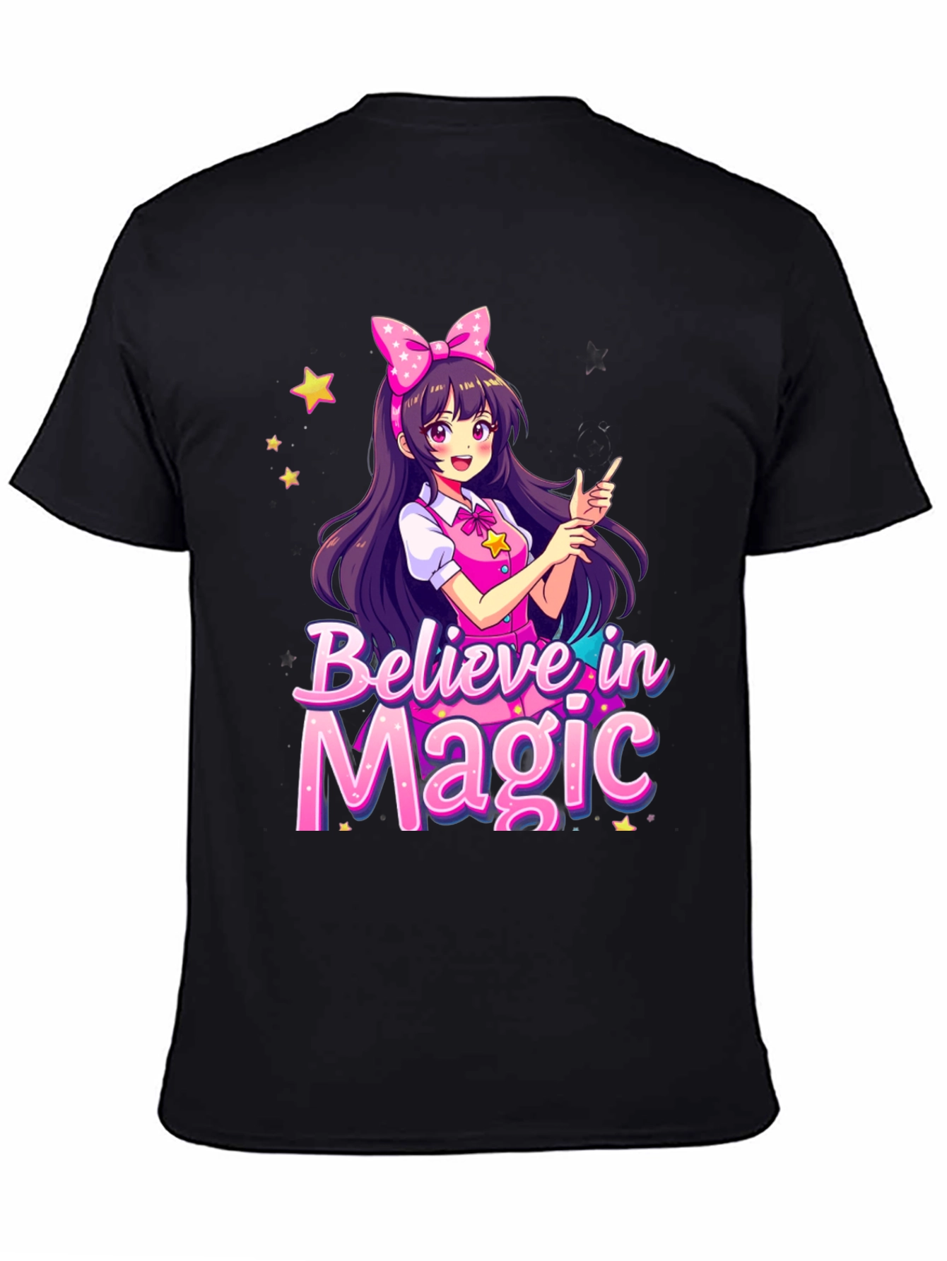 Black Believe in Magic Anime Girl Graphic T-Shirt view 4