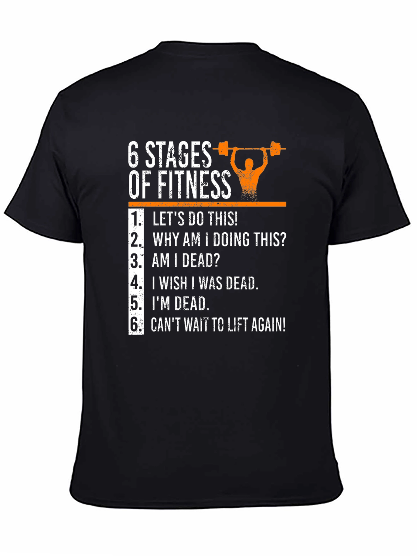 Black 6 Stages of Fitness Graphic T-Shirt - Funny Workout Tee view 4
